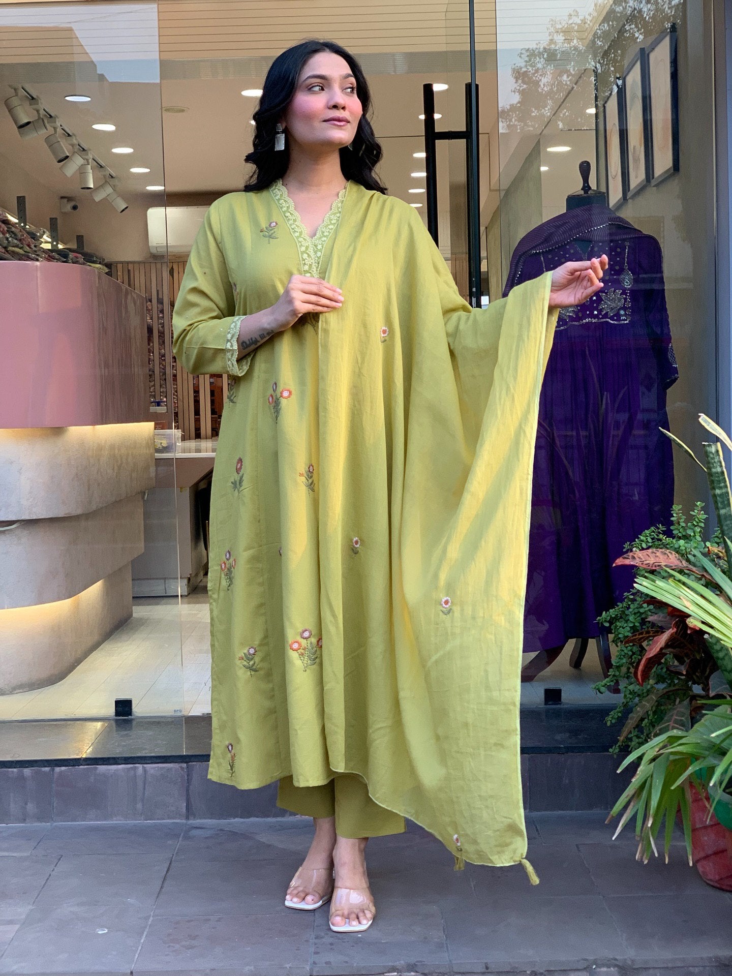 Pista Floral Embroidered Chanderi Kurta Set with Dupatta