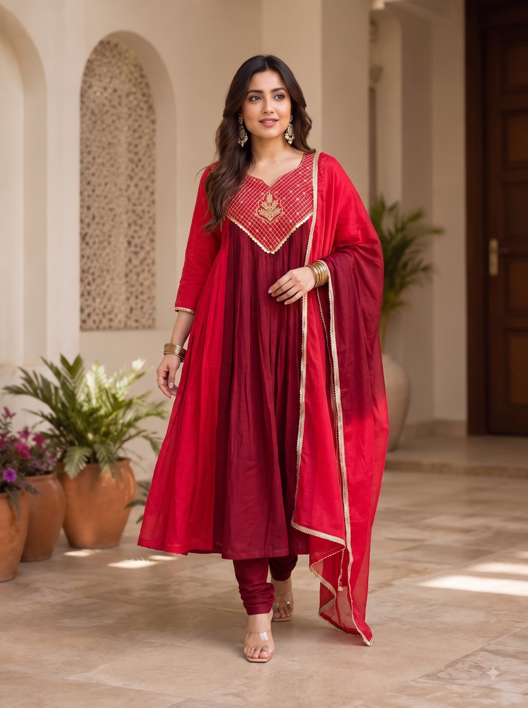 Women's Crimson Red Pleated Anarkali Kurta with Trousers and Lace Border Dupatta (Set of 3)