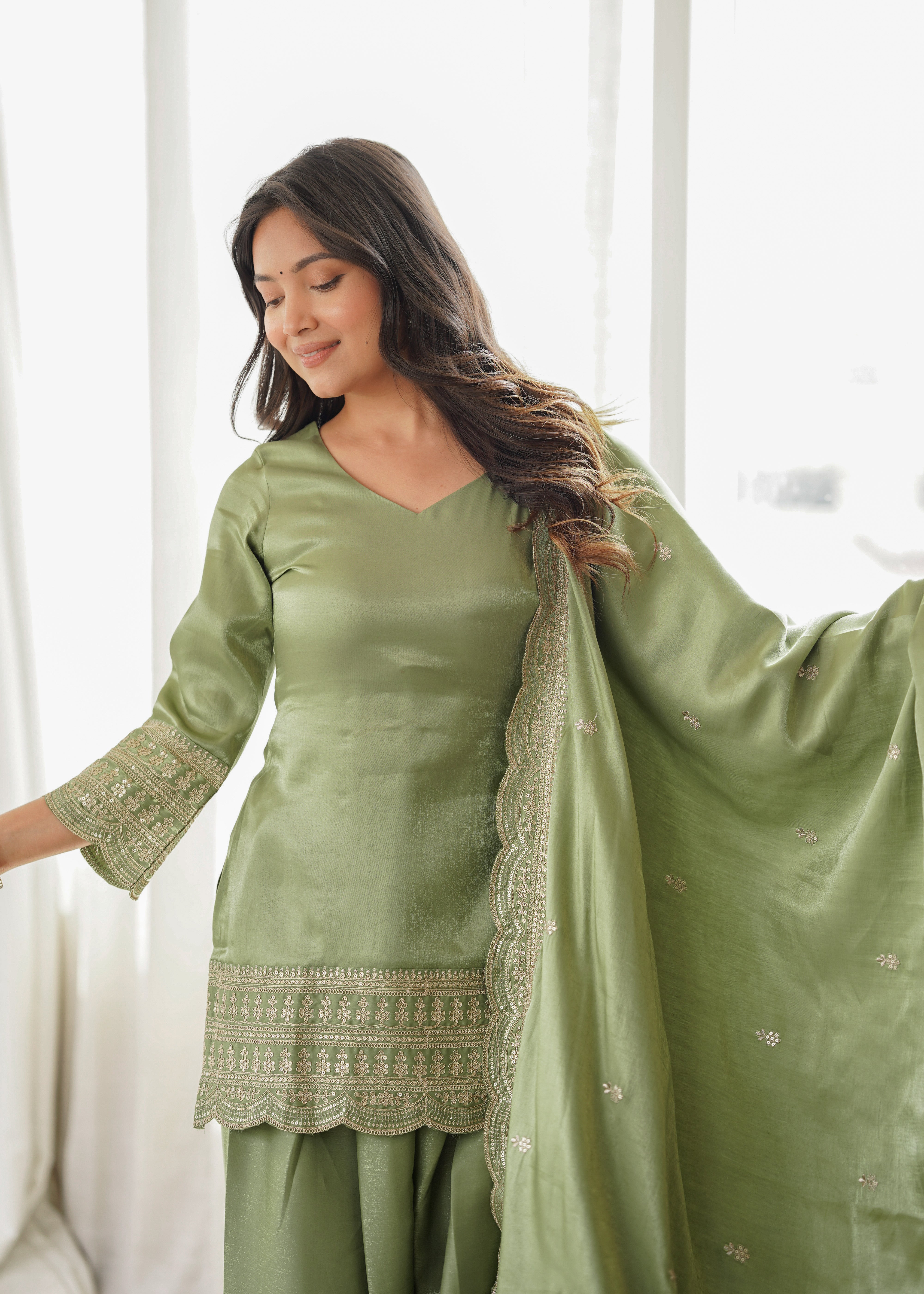 Olive Green Salwar Suit for Women | Embroidered Kurta, Salwar, and Dupatta Set