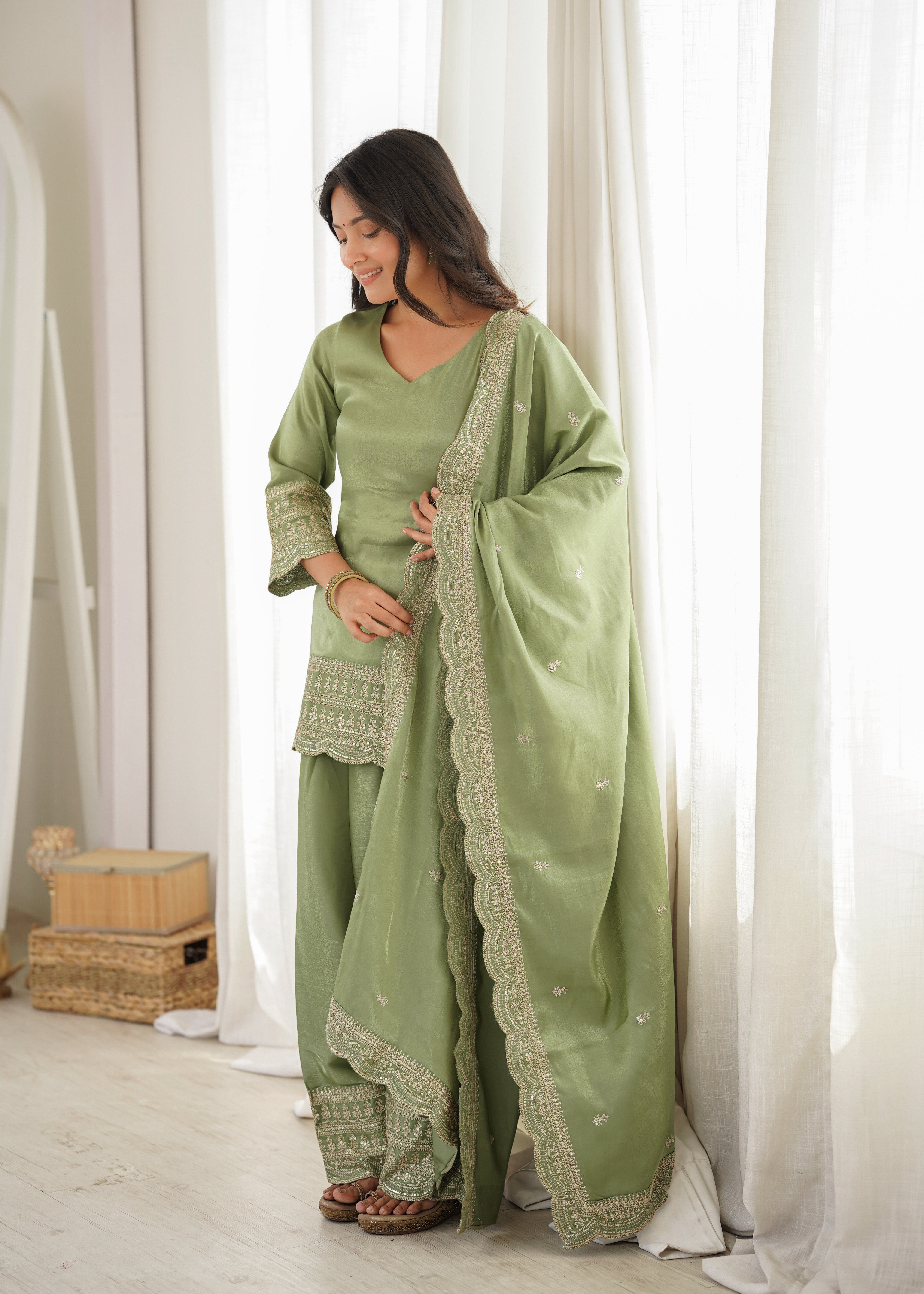 Olive Green Salwar Suit for Women | Embroidered Kurta, Salwar, and Dupatta Set