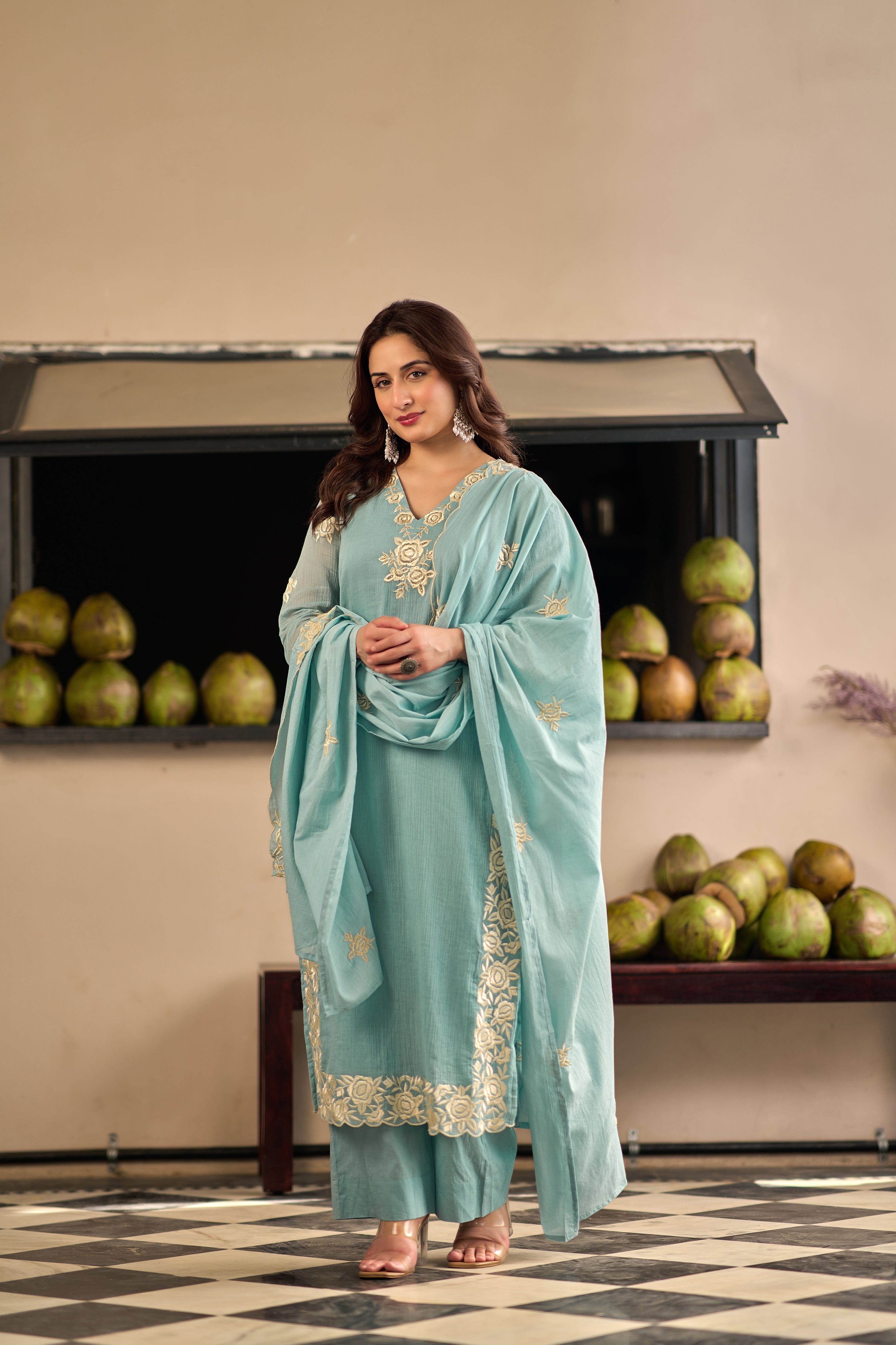 Sky Petal Elegance Sky Blue Embroidered Kurta Set with Dupatta