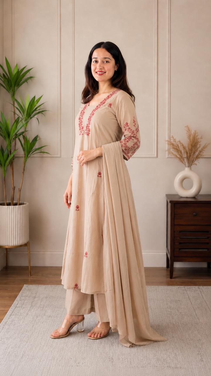 Beige Floral Embroidered Cotton Anarkali Kurta with Palazzo & Dupatta Set