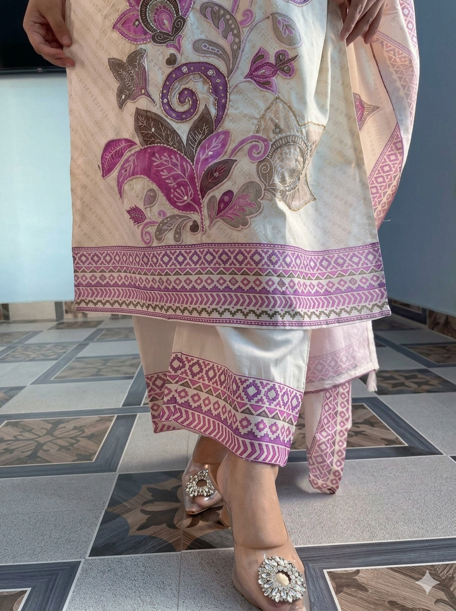 Traditional Hand-Block Print Ethnic Suit Set - Off-White & Pink