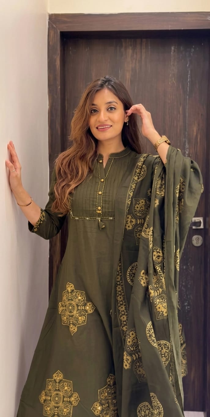 Jaipuri Cotton Olive Green Printed Anarkali Kurta Pant & Dupatta Set