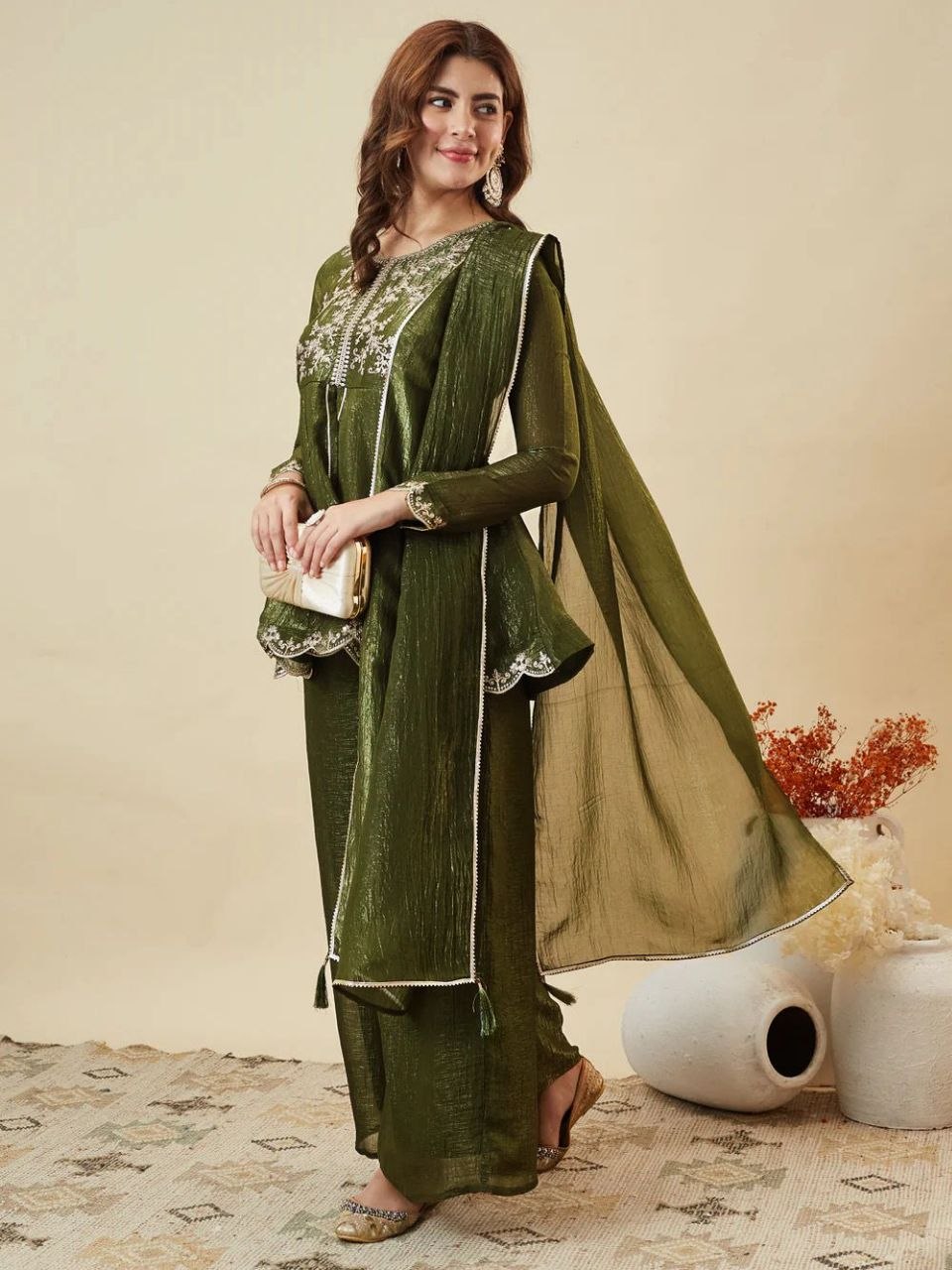 Olive Green Embroidered Kurta Palazzo Set with Dupatta