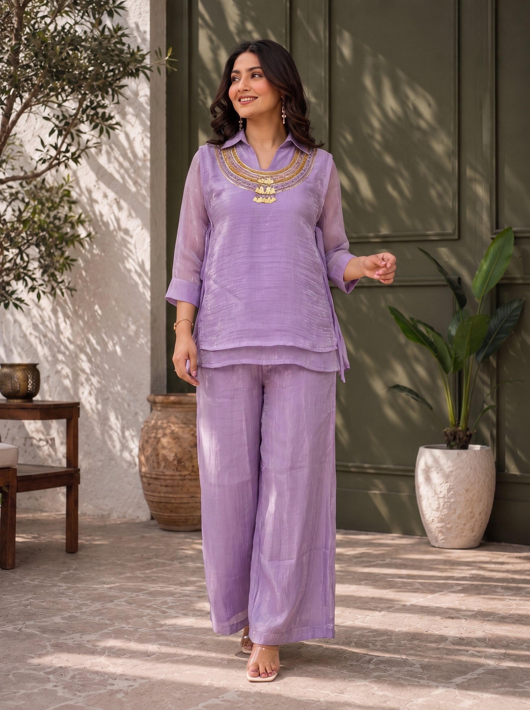 Purple Crunchy Silk Top and Palazzo Set with Handwork Neckline