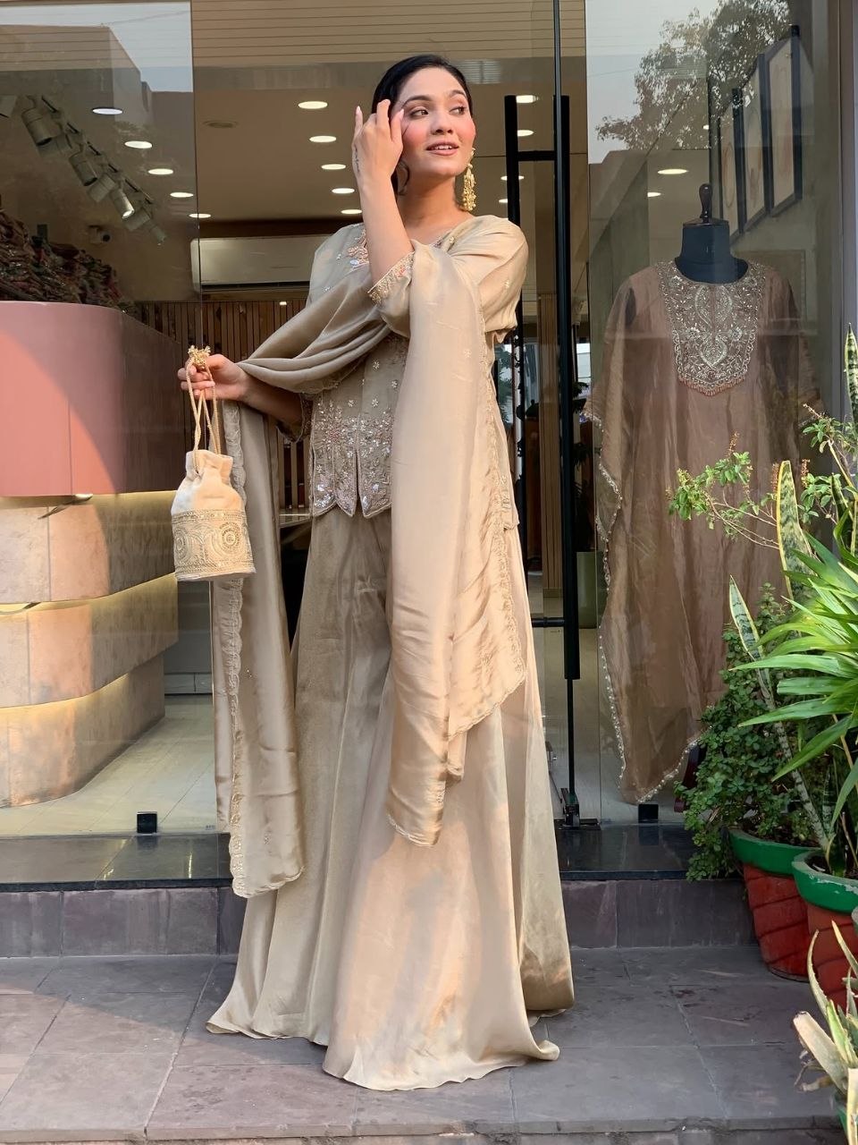 Festive Cream Silk Peplum Kurti & Sharara Suit with Matching Potli Bag