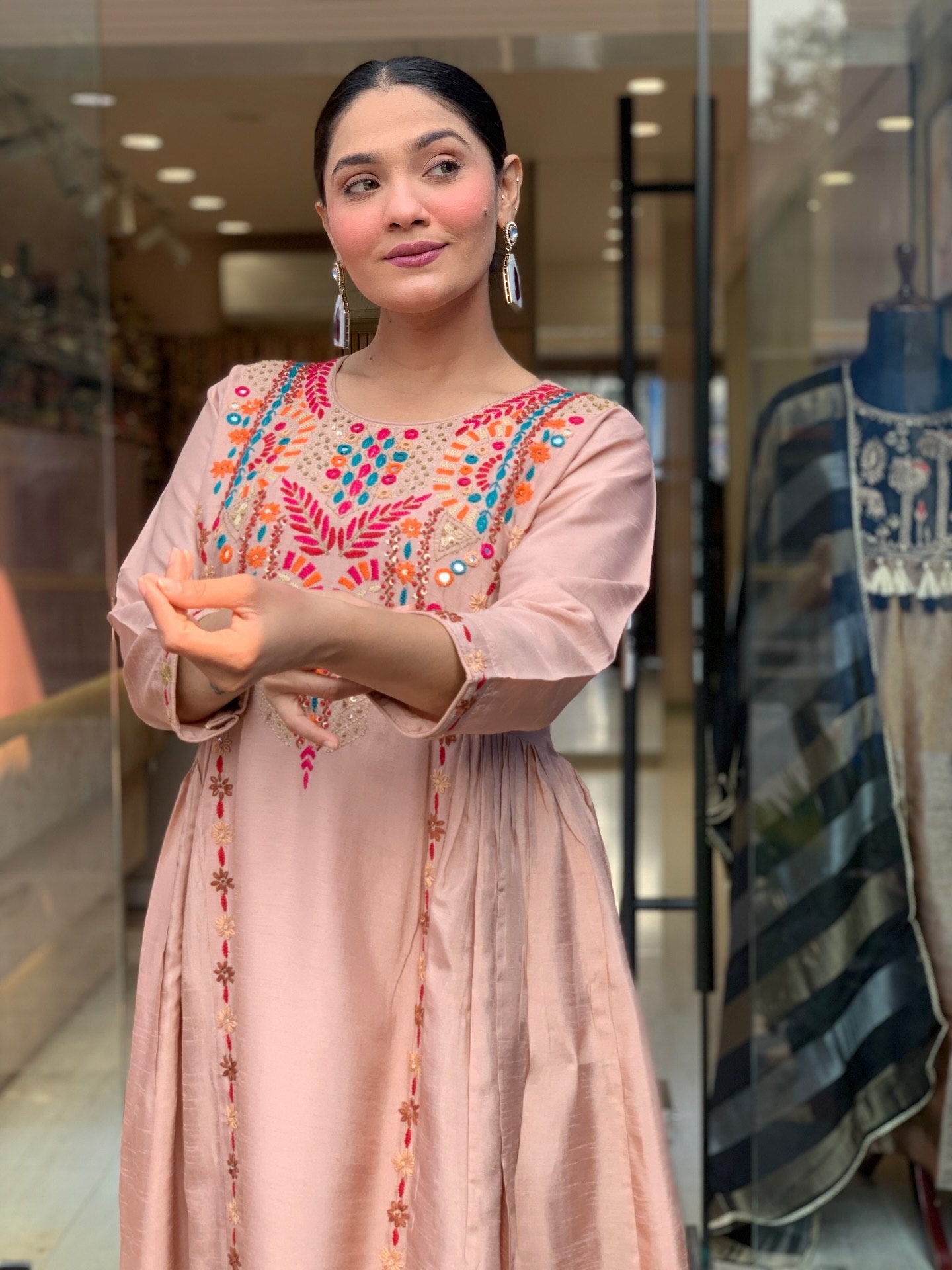 Elegant Peach Embroidered Anarkali Kurta Pant Set with Dupatta