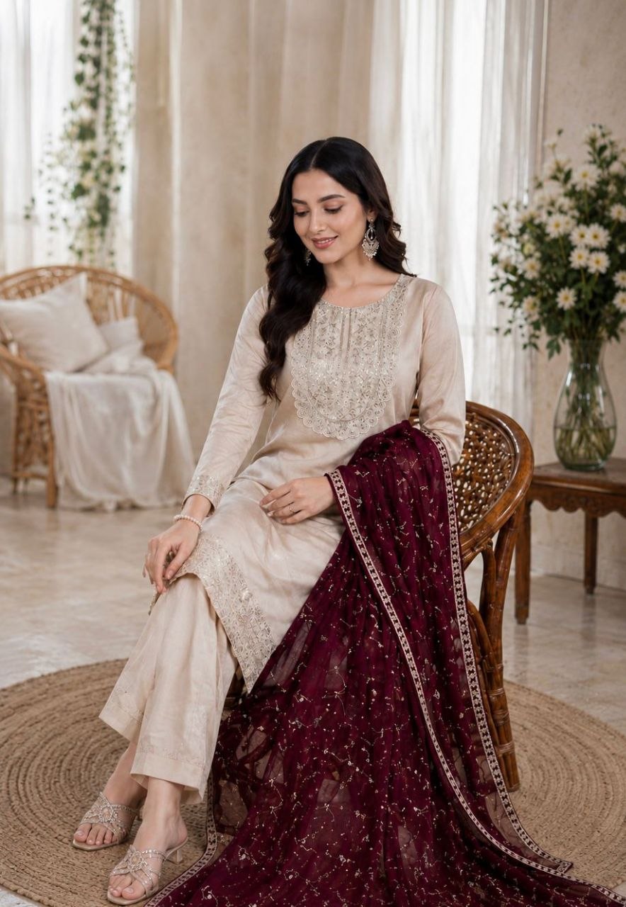 Premium Beige Silk Kurta Set with Deep Wine Dupatta