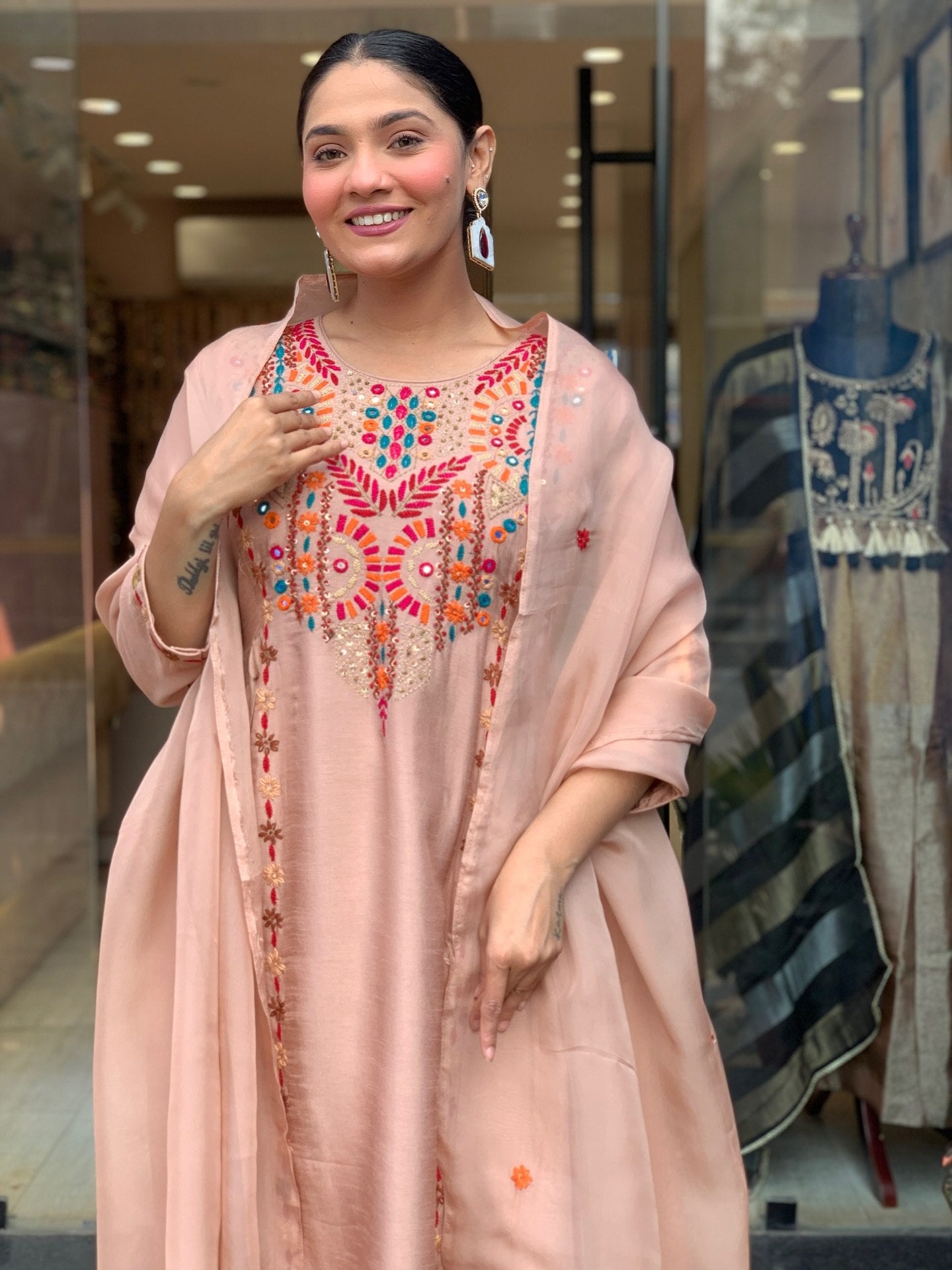 Elegant Peach Embroidered Anarkali Kurta Pant Set with Dupatta