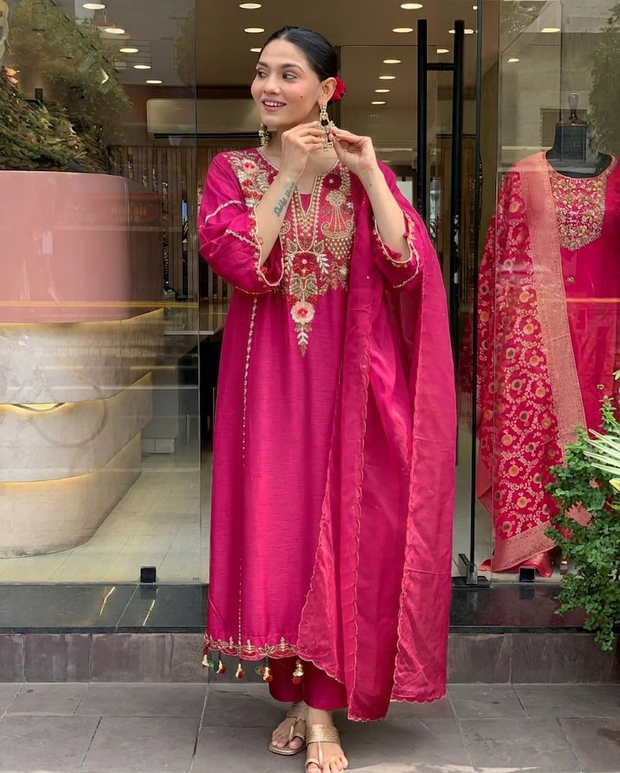 Rani Pink Chanderi Silk Embroidered Kurta Pant Set with Dupatta