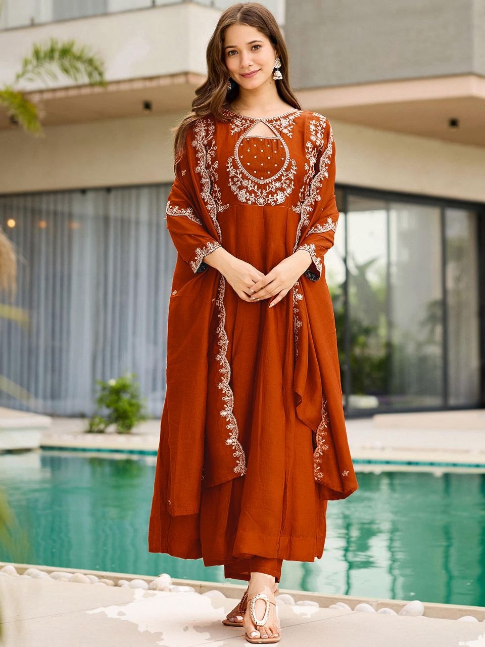 Rust Orange Vichitra Silk Embroidered Anarkali Kurta Pant Set With Dupatta