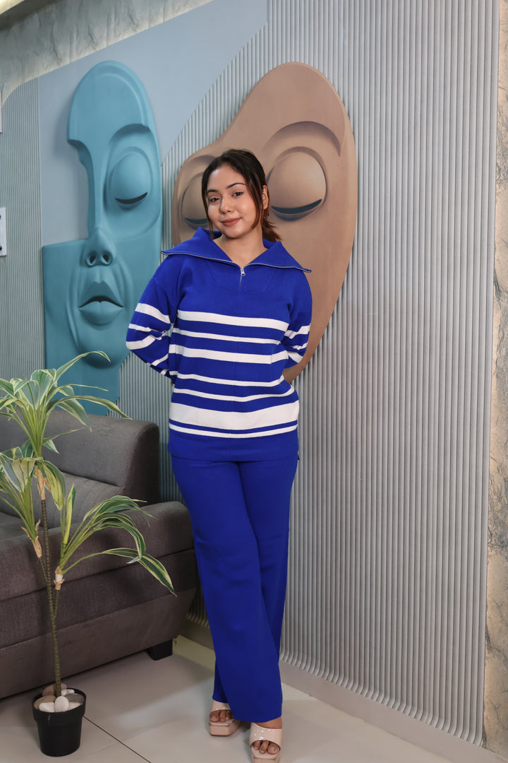 Woolen Knit Co-Ord Set with Striped High Neck Top (blue)
