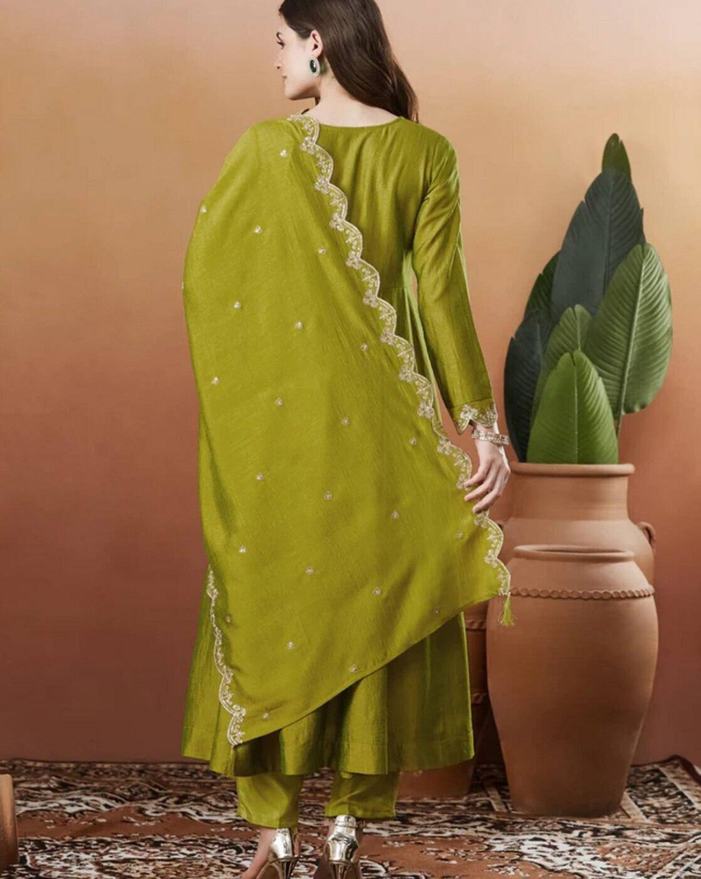 Elegant Olive Green Silk Blend Embroidered Anarkali Kurta Set with Trousers & Dupatta