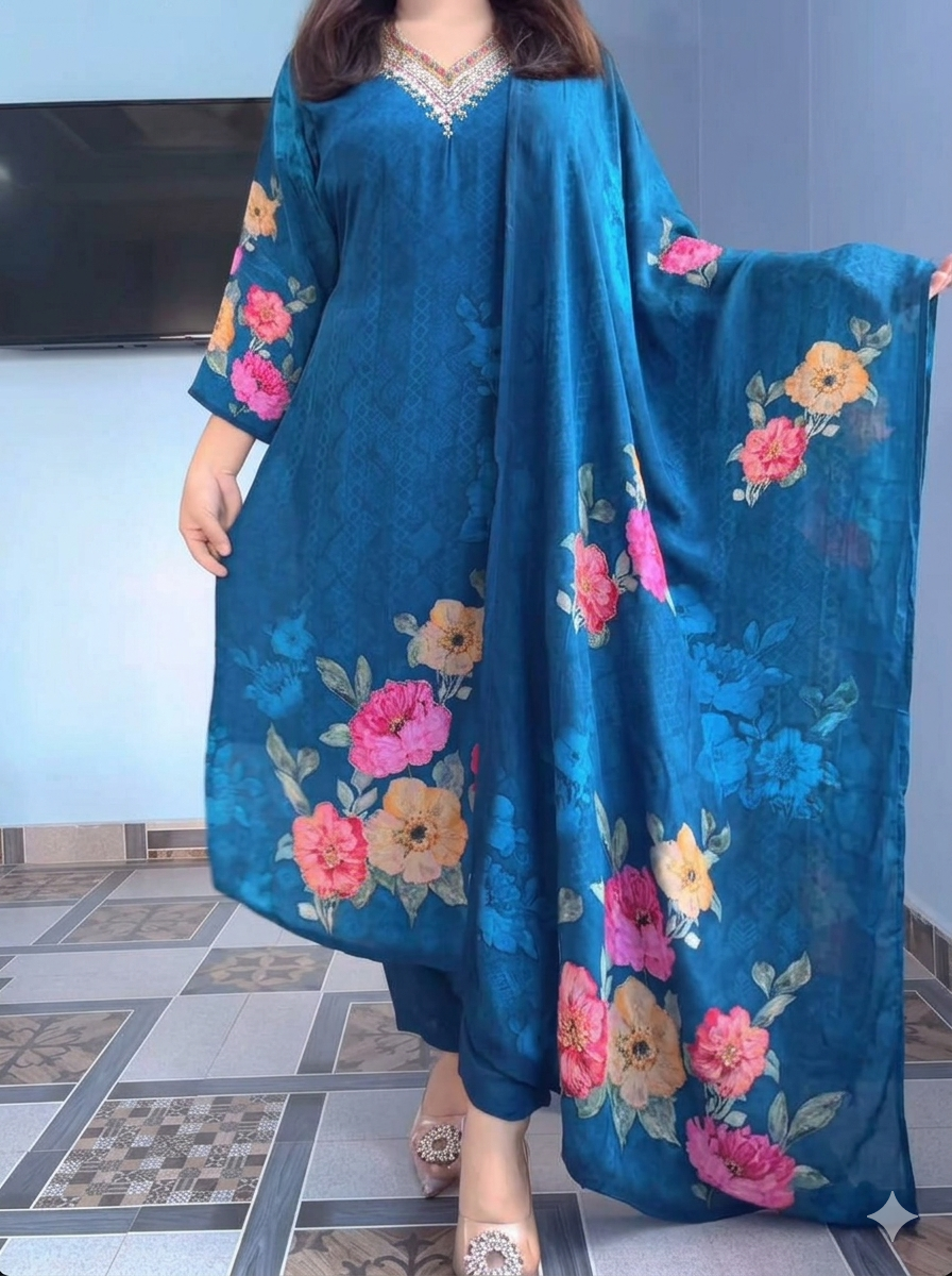 Royal Blue KitKat Silk Kurti Pant Set with Floral Dupatta for Festive Wear