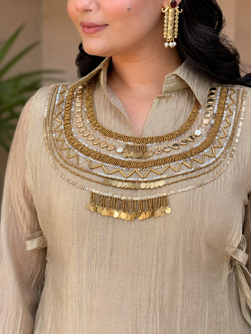 Women's Beige Textured Kurta Palazzo Co-Ord Set with Embellished Neckline