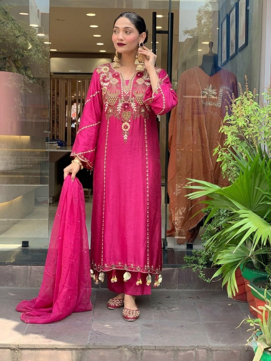 Rani Pink Chanderi Silk Embroidered Kurta Pant Set with Dupatta