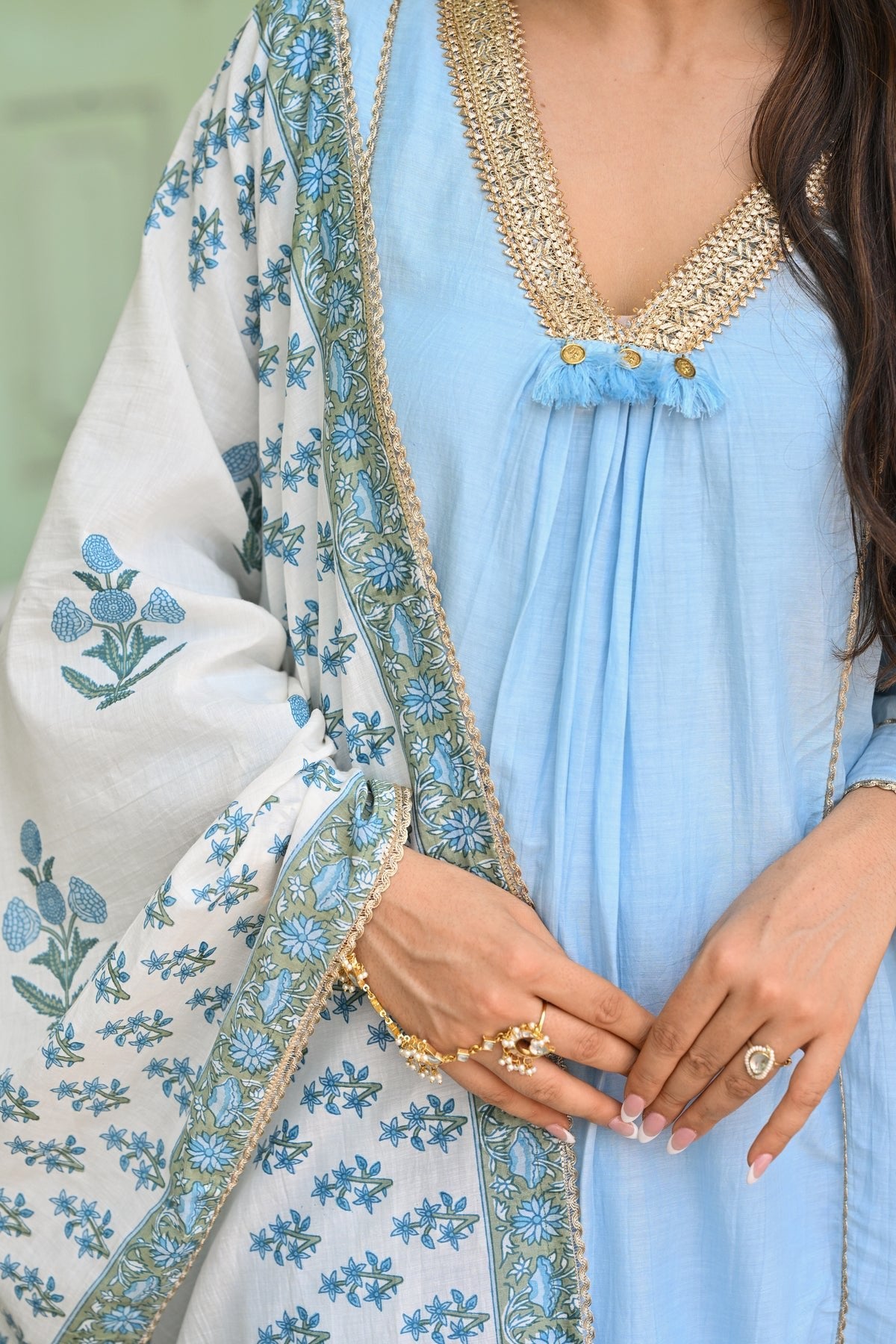 Mahee Jaipur Powder Blue Pure Mul Kurta With Pant And Dupatta Set