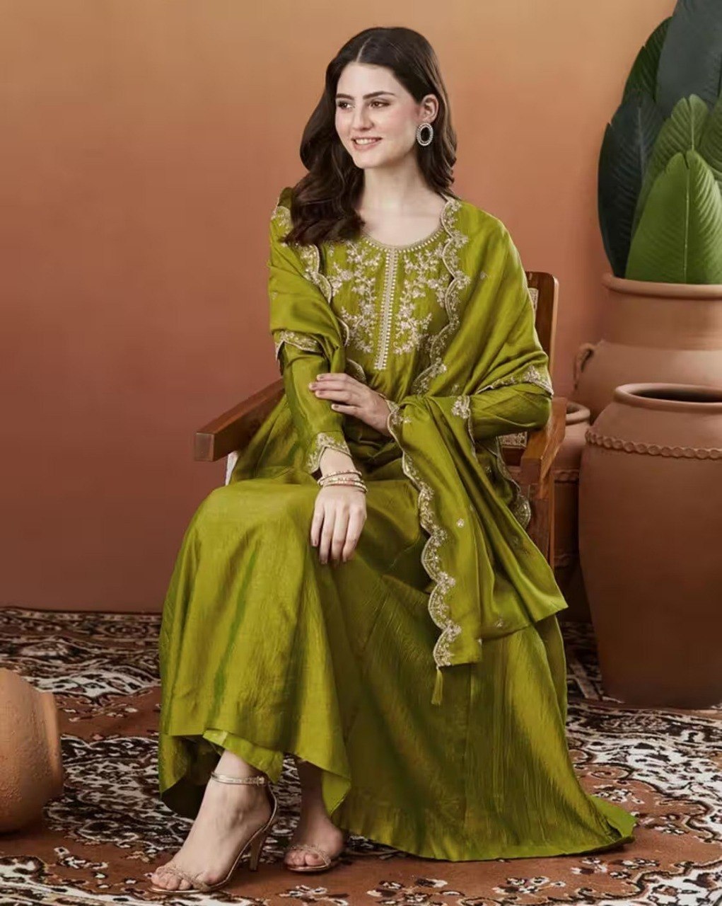 Elegant Olive Green Silk Blend Embroidered Anarkali Kurta Set with Trousers & Dupatta