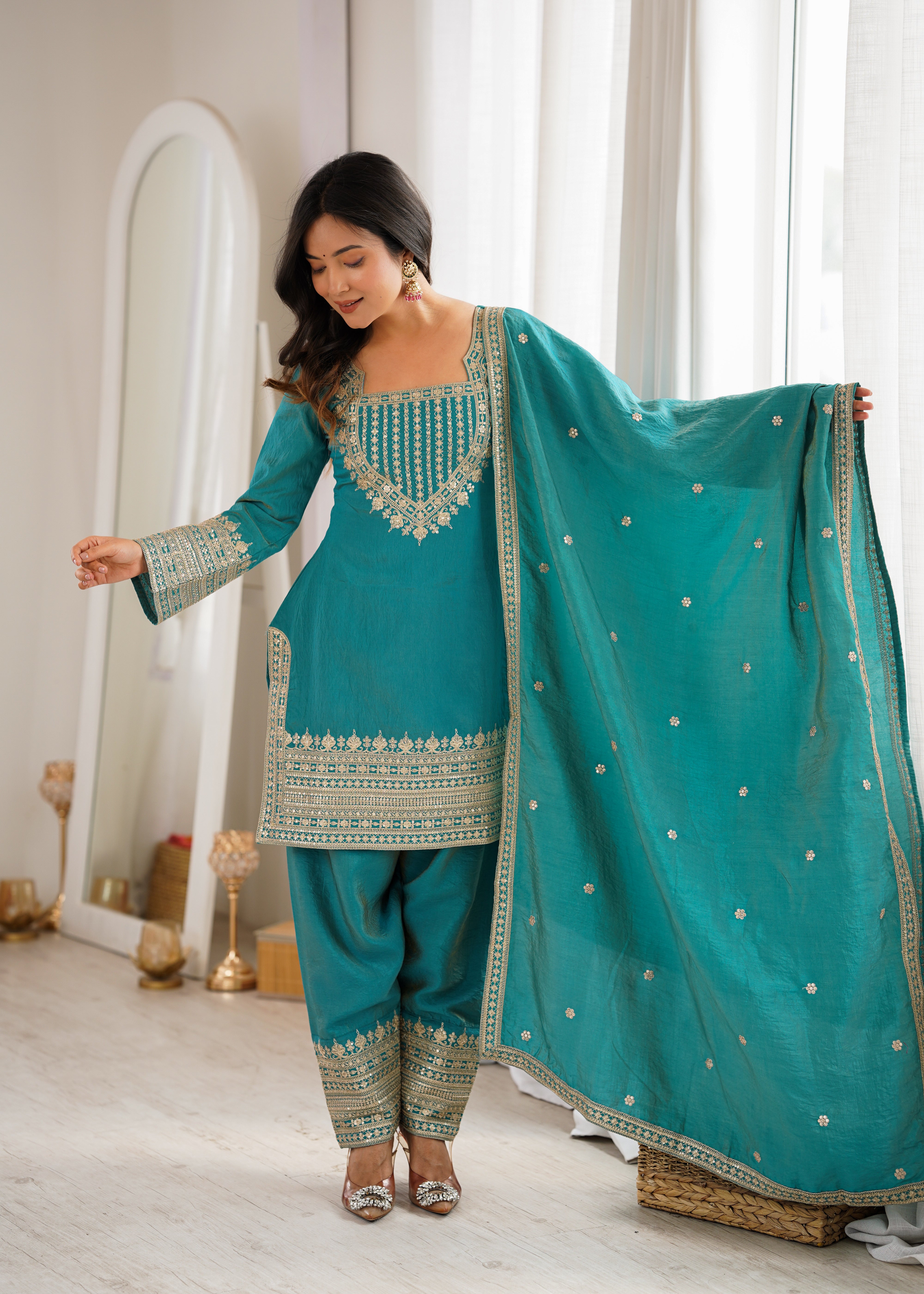 Sea Green Color NC Vichitra Silk Farshi Salwar Suit