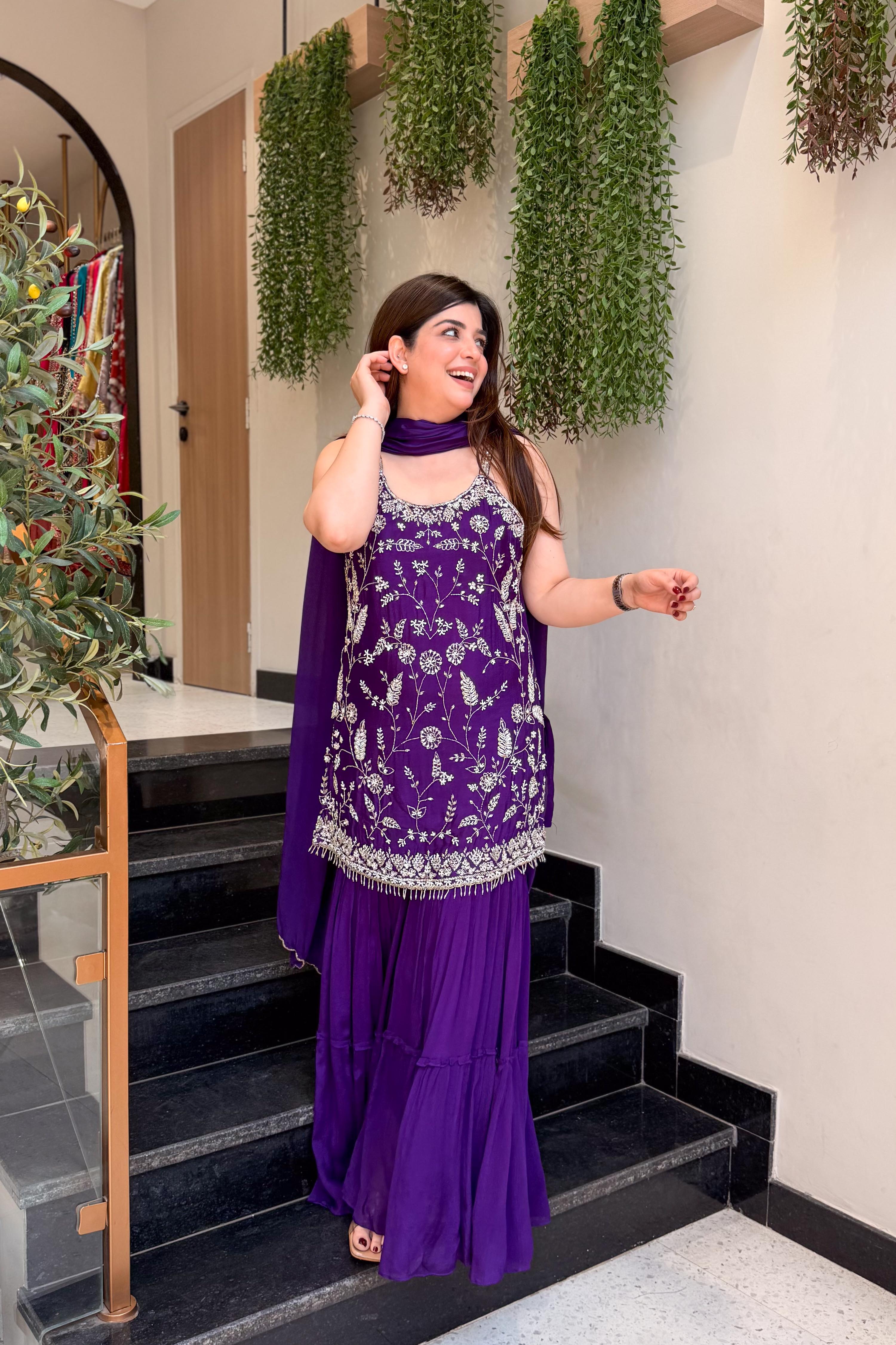 Majestic Purple Sequins Work Kurta Sharara Set