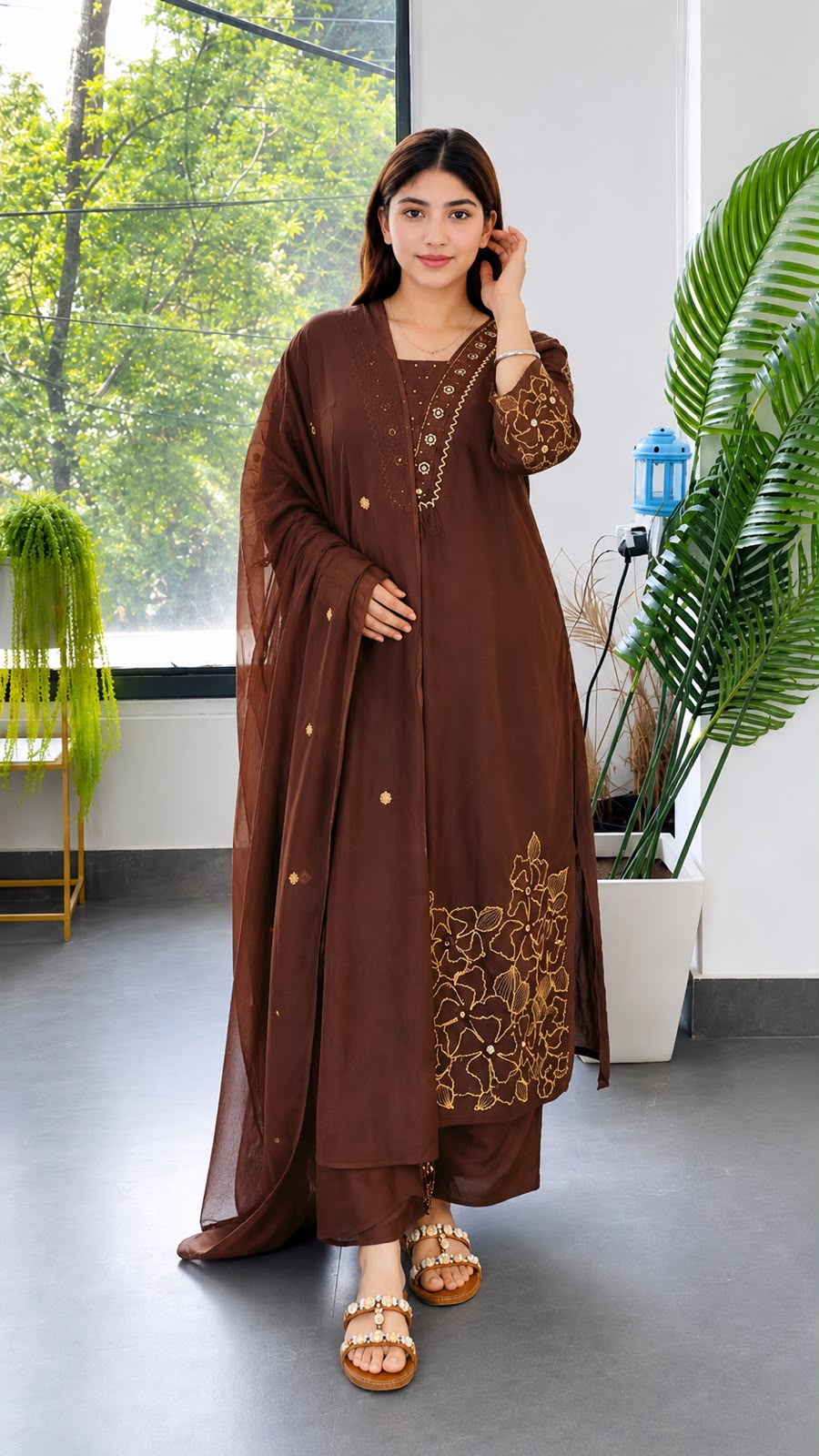 The Cocoa Blossom Silk Kurta Palazzo Set with Organza Dupatta