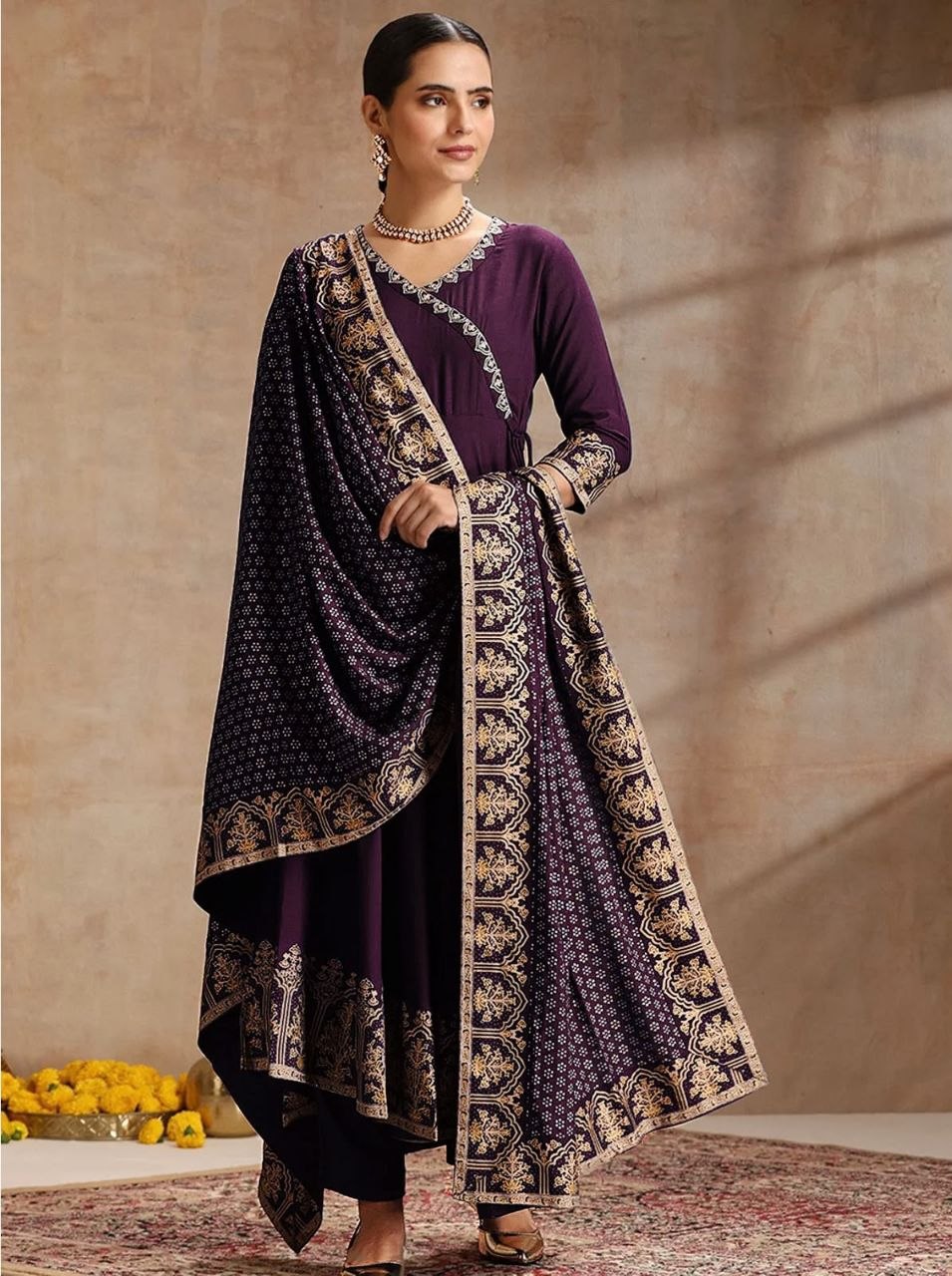 Purple Anarkali Kurta Set with Zari Border Dupatta & Pants