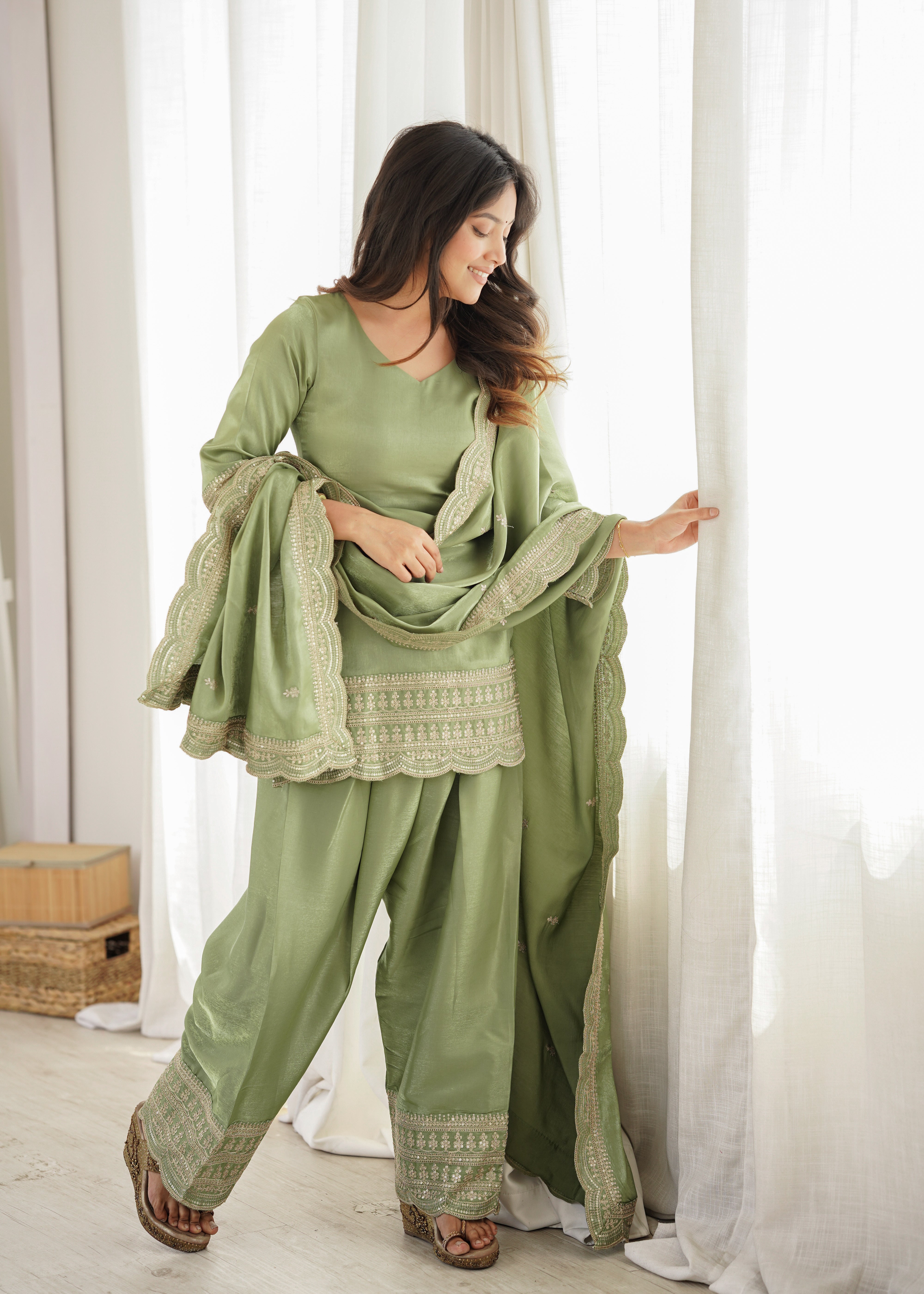 Olive Green Salwar Suit for Women | Embroidered Kurta, Salwar, and Dupatta Set