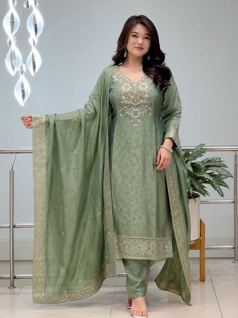 Elegant Sage Green Embroidered Kurta Set with Organza Dupatta for Women