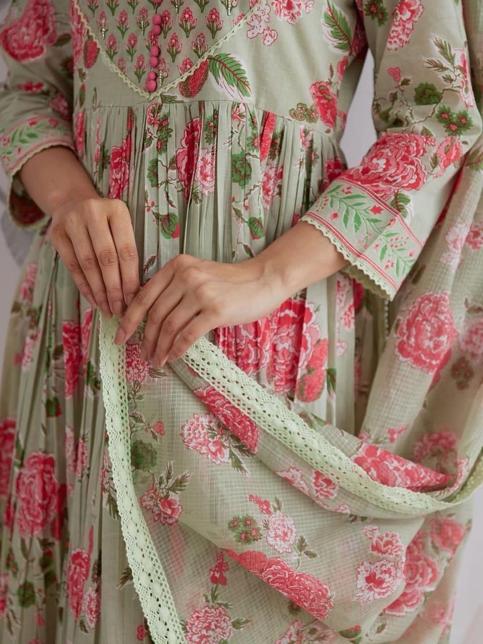 Premium Sage Green Floral Jaipuri Cotton 6060 Flared Anarkali Suit Set with Pant & Dupatta