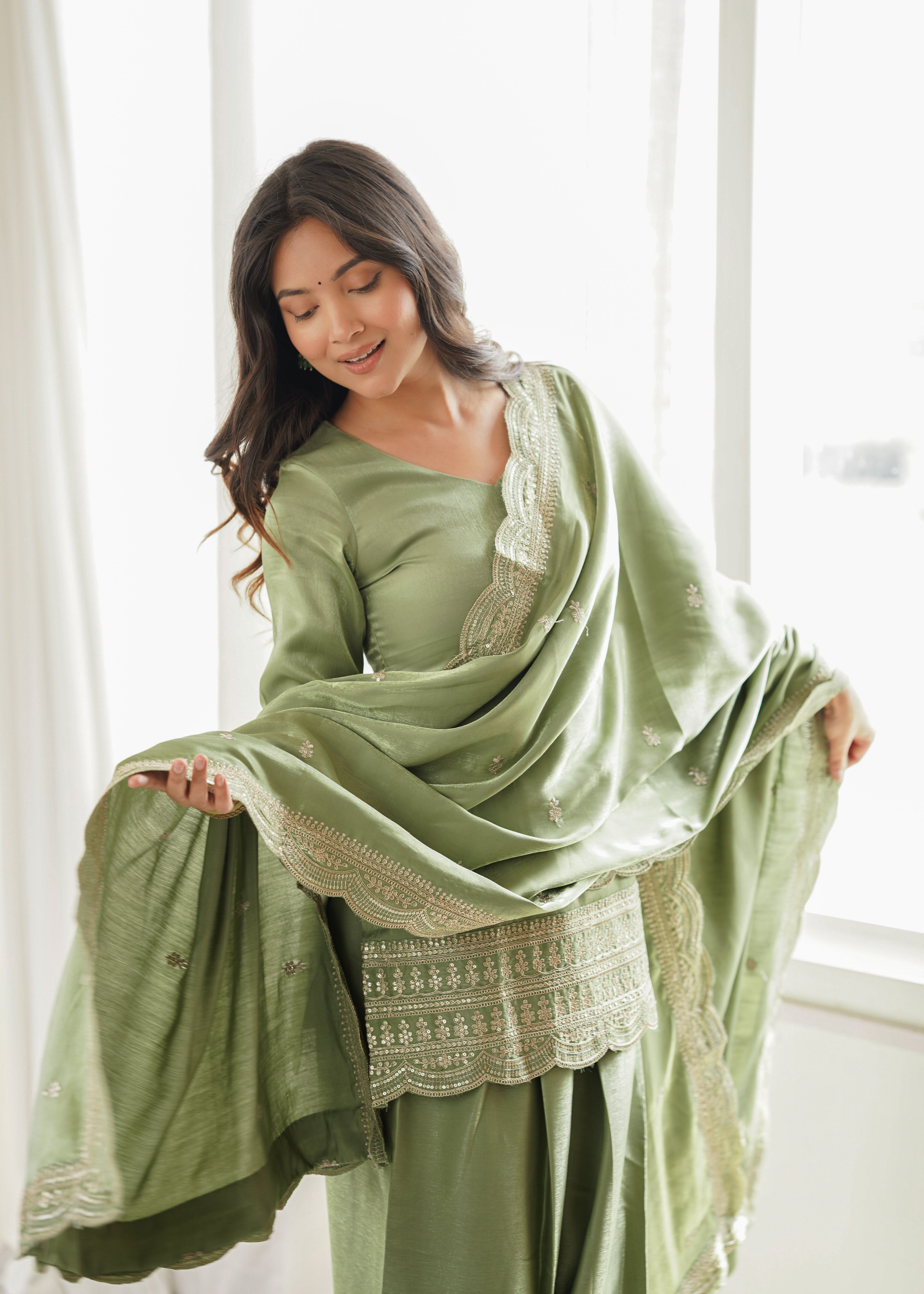 Olive Green Salwar Suit for Women | Embroidered Kurta, Salwar, and Dupatta Set