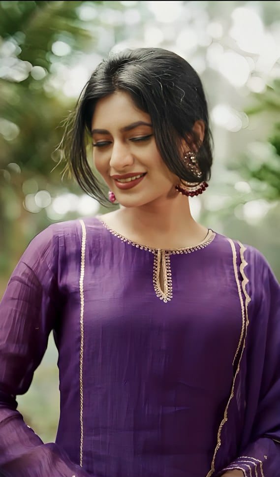 Purple Silk Blend Suit Set with Scalloped Border Dupatta