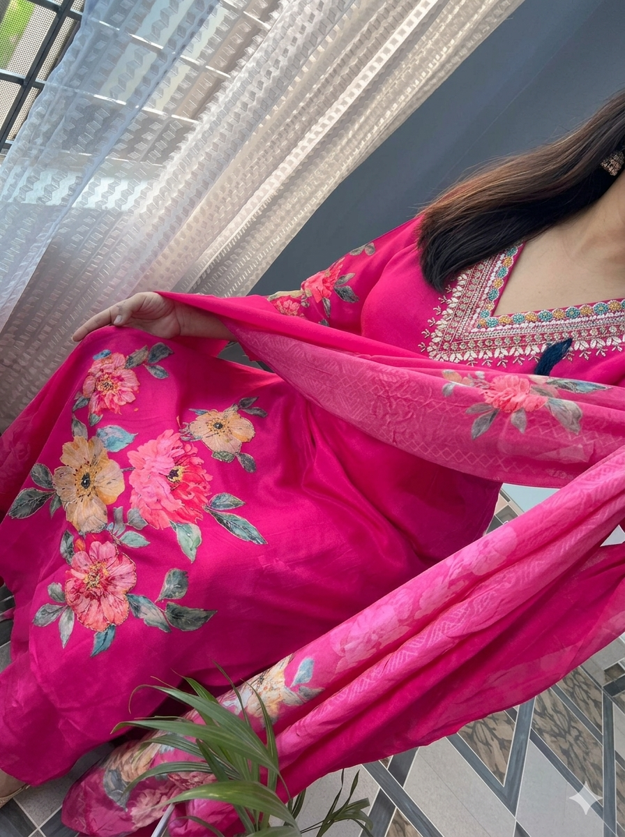 Rani Pink Natural Soft KitKat Silk Suit with Heavy Hand Work