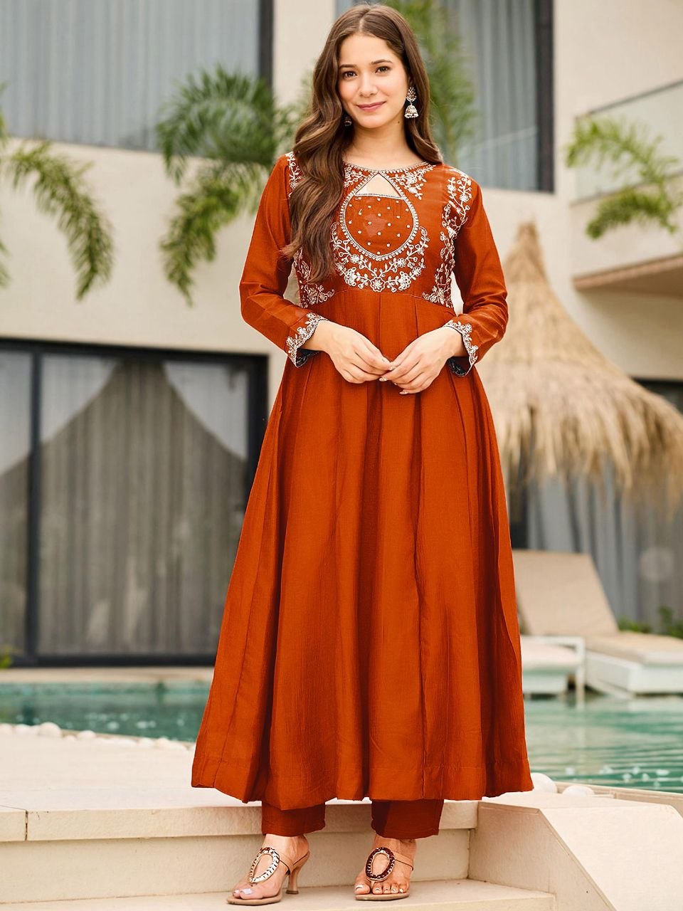 Rust Orange Vichitra Silk Embroidered Anarkali Kurta Pant Set With Dupatta