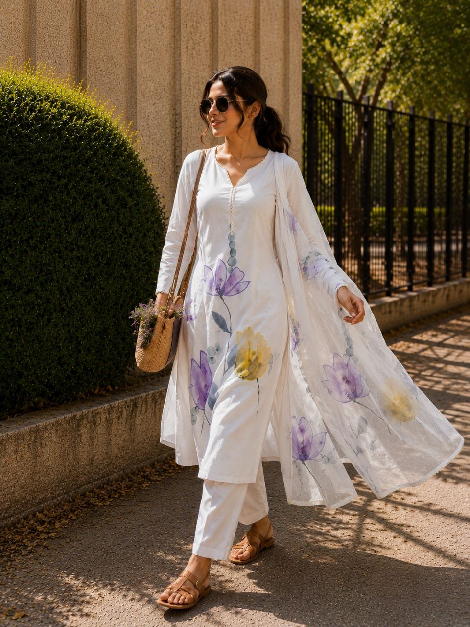 Ivory Floral Printed Kurta Set with Dupatta Elegant Ethnic Wear