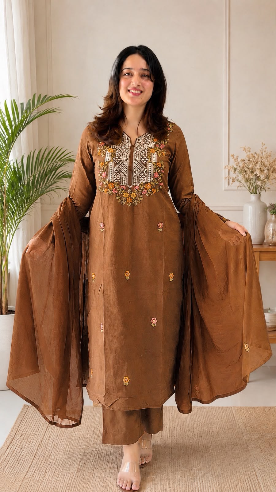 Coffee Brown Embroidered Straight Kurta with Pants & Dupatta Set (3-Piece)