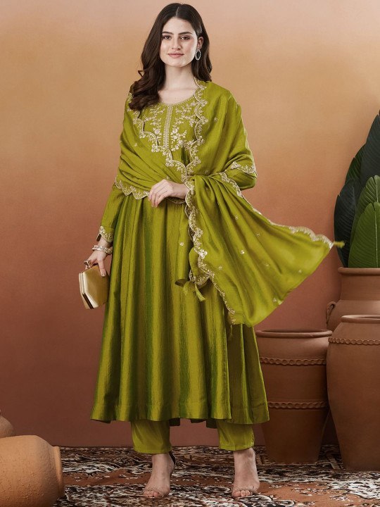Elegant Olive Green Silk Blend Embroidered Anarkali Kurta Set with Trousers & Dupatta