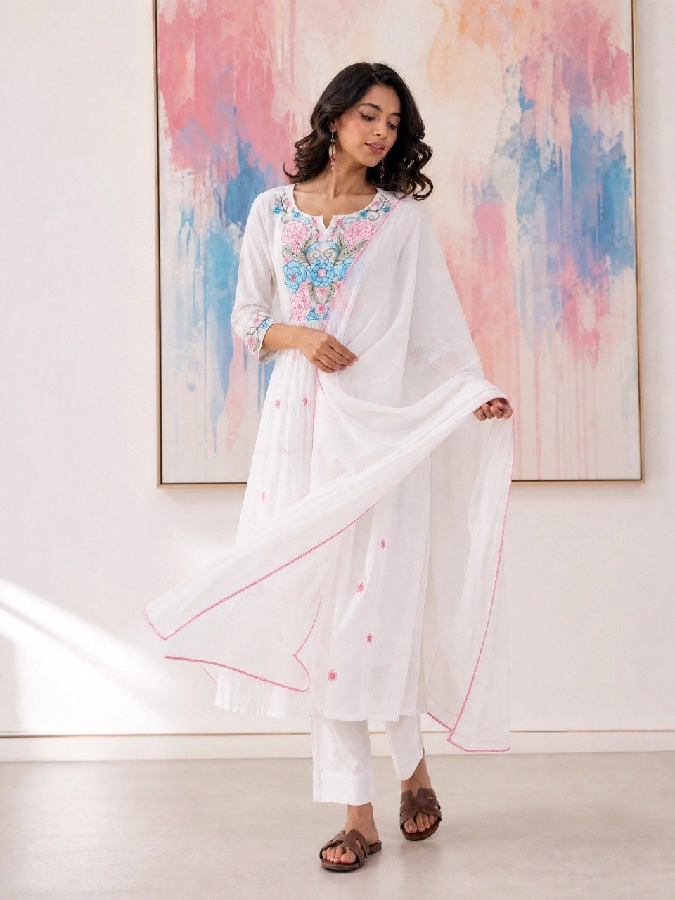 Elegant Ivory White Cotton Flared Anarkali Suit Set with Multi-Color Floral Embroidery & Cape-Style Dupatta