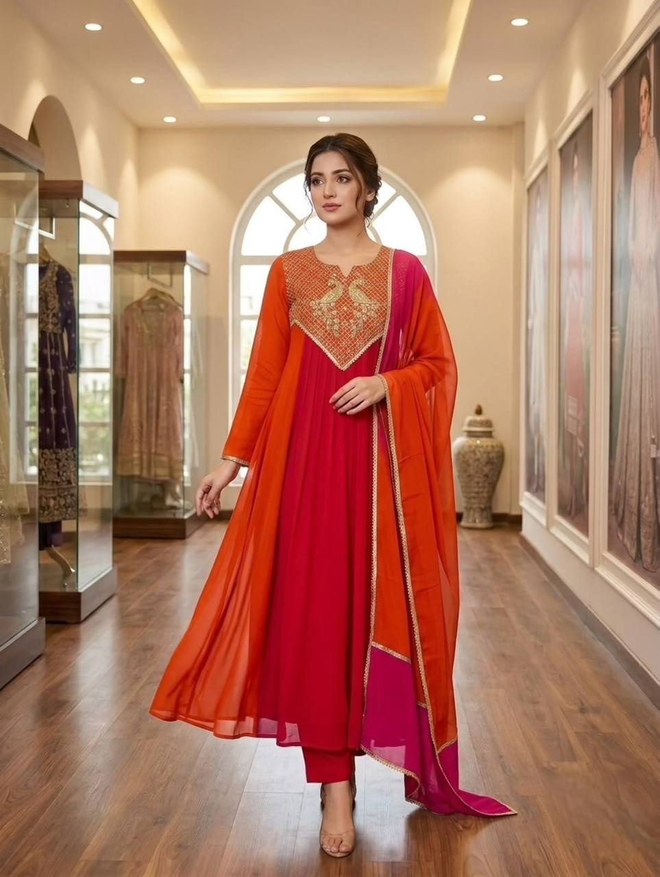 Orange & Pink Embroidered Anarkali Suit Set for Women