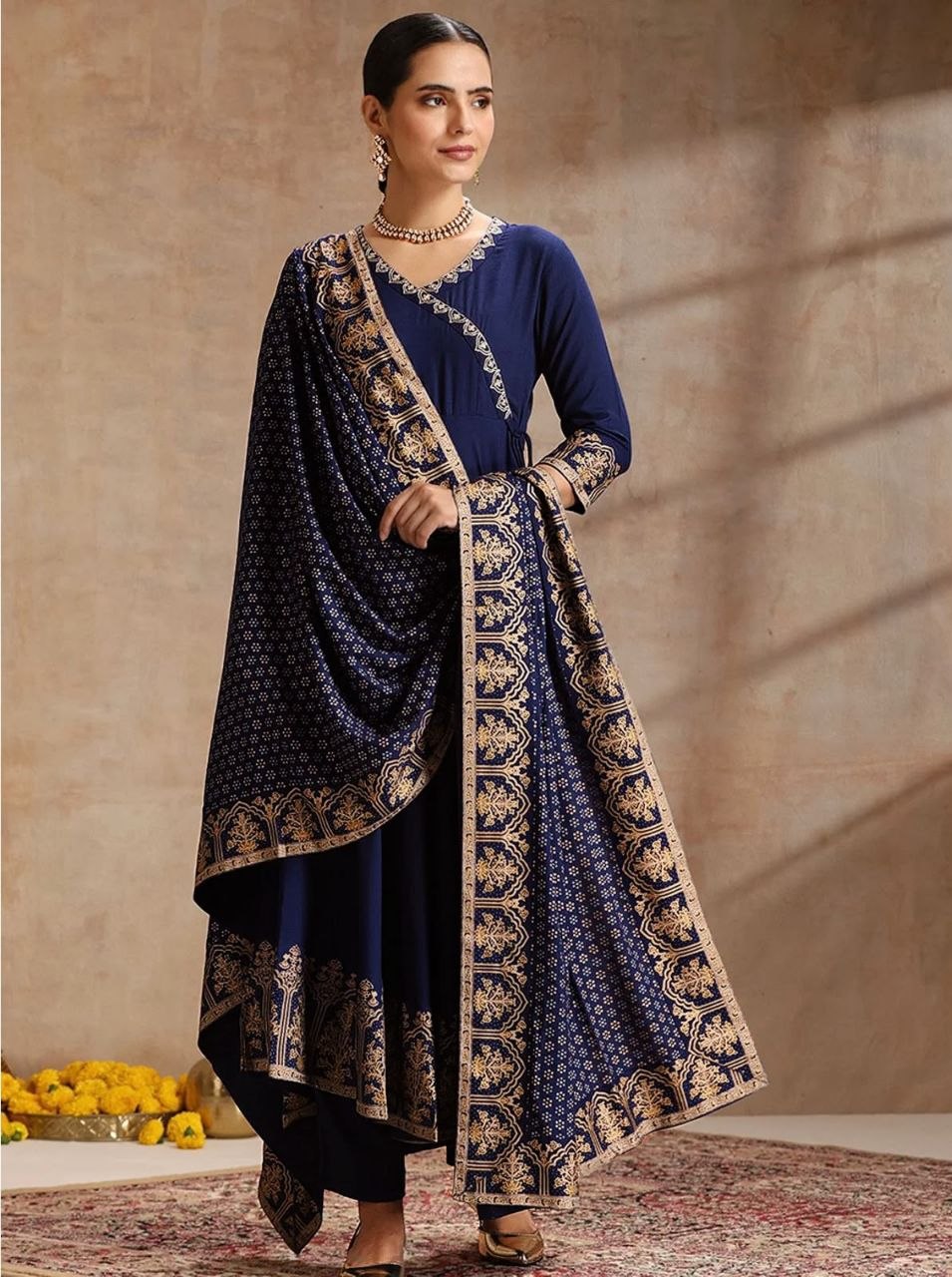 Navy Blue Anarkali Kurta Set with Zari Border Dupatta & Pants