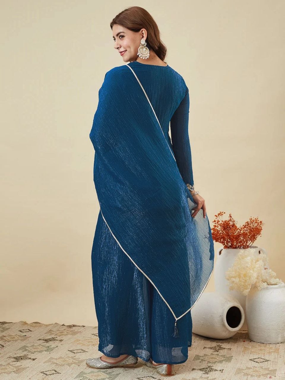 Royal Blue Embroidered Kurta Palazzo Set with Dupatta