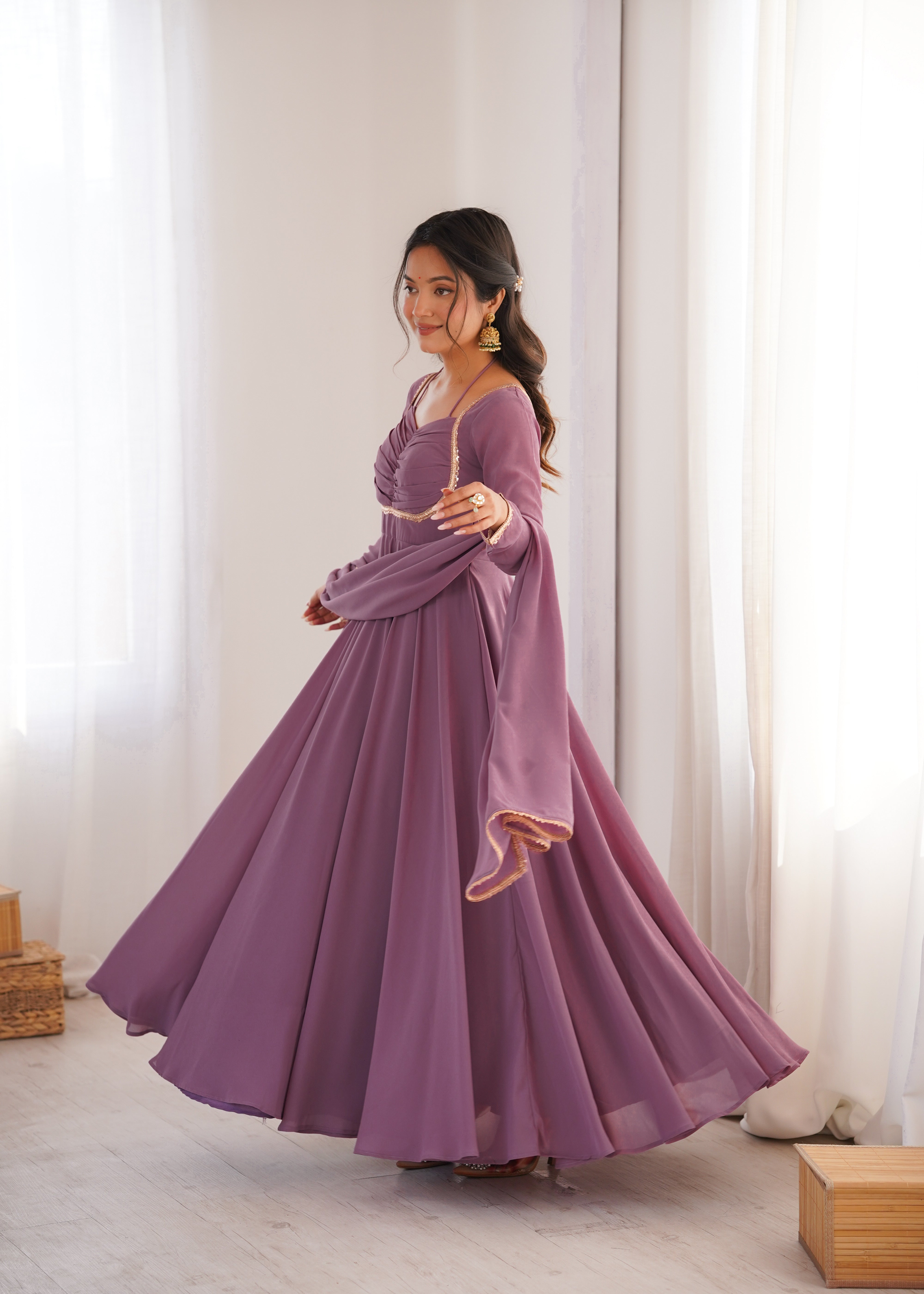 Mauve Pink Fox Georgette Umbrella Flair Fancy Neck Gown With Dupatta