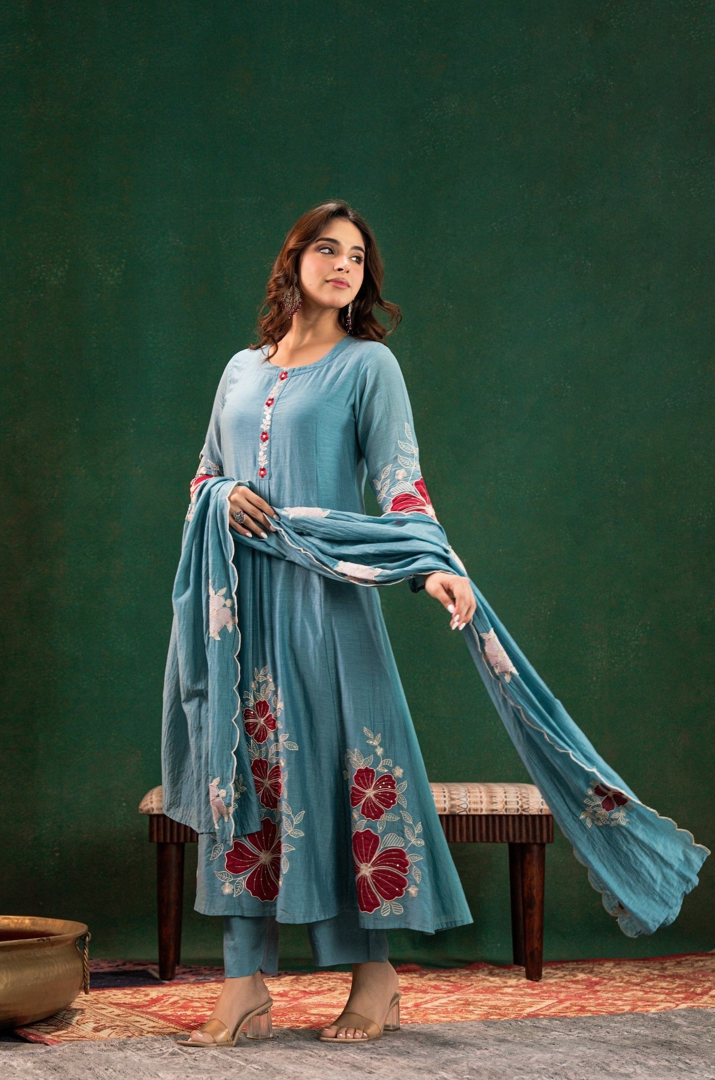Sky Blue Cotton Silk Floral Thread Work Flared Anarkali Suit with Pants & Dupatta