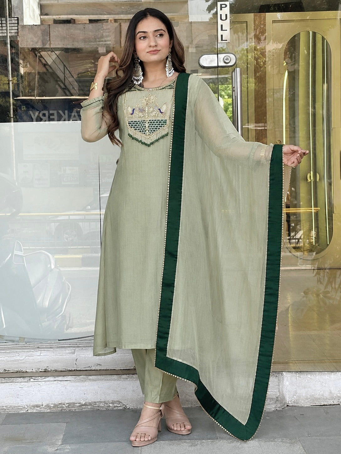 Pastel Sage Green Embroidered Salsa Anarkali Kurta Set with Organza Dupatta