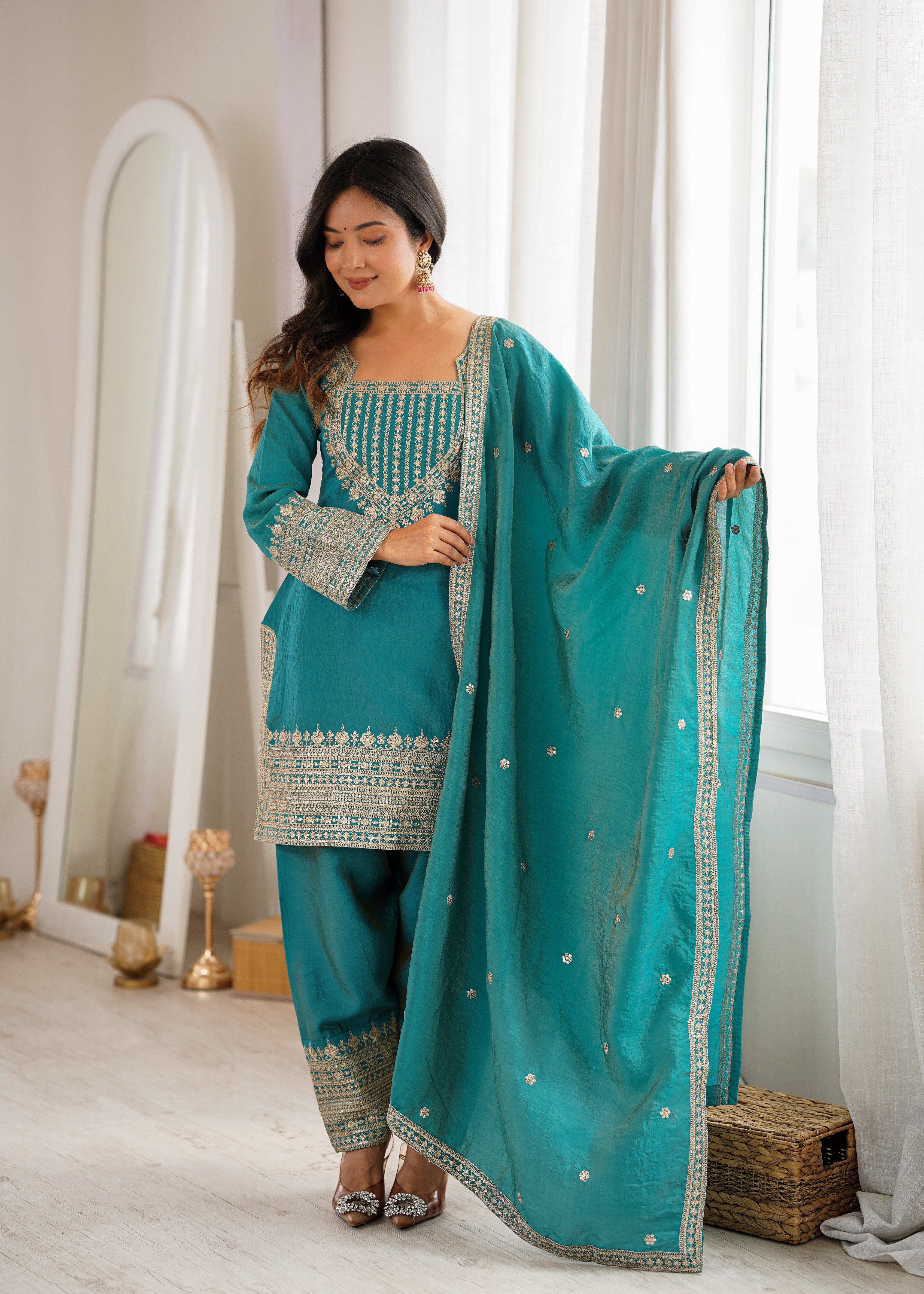 Sea Green Color NC Vichitra Silk Farshi Salwar Suit