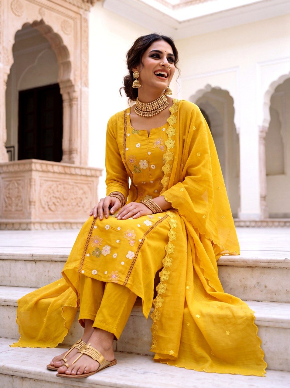Mustard Meadow Embroidered Mul Silk Pant Set