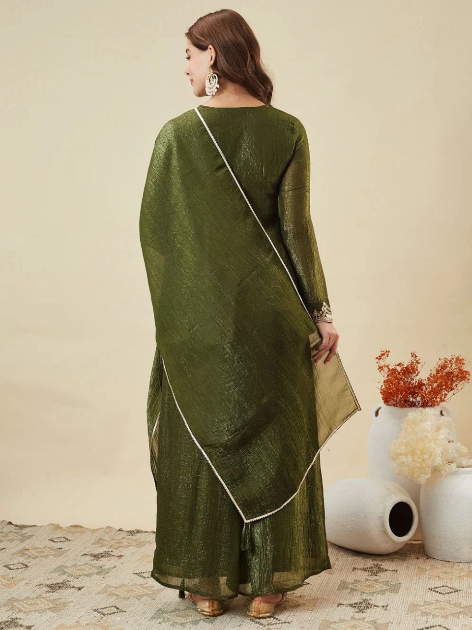 Olive Green Embroidered Kurta Palazzo Set with Dupatta