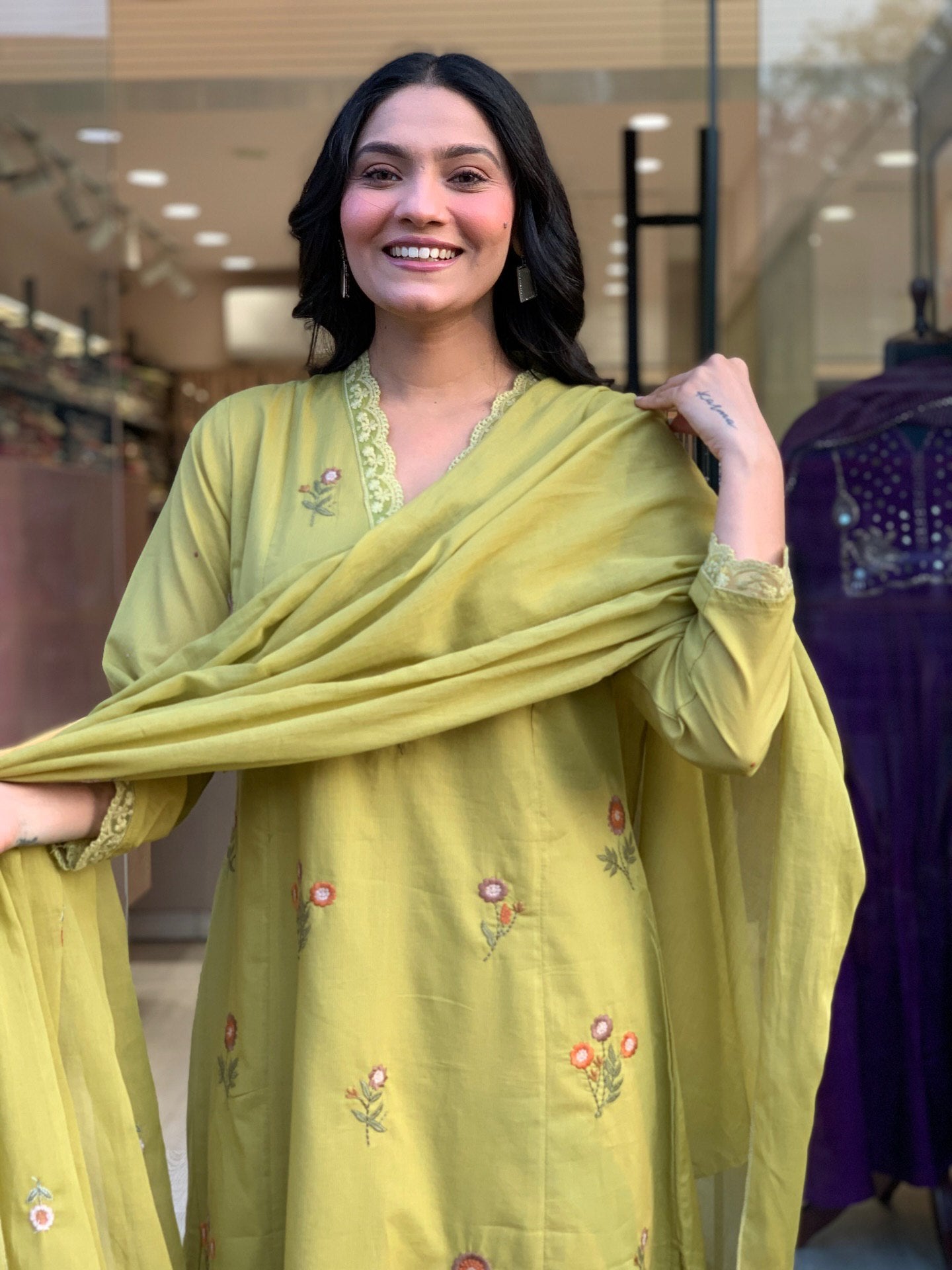 Pista Floral Embroidered Chanderi Kurta Set with Dupatta