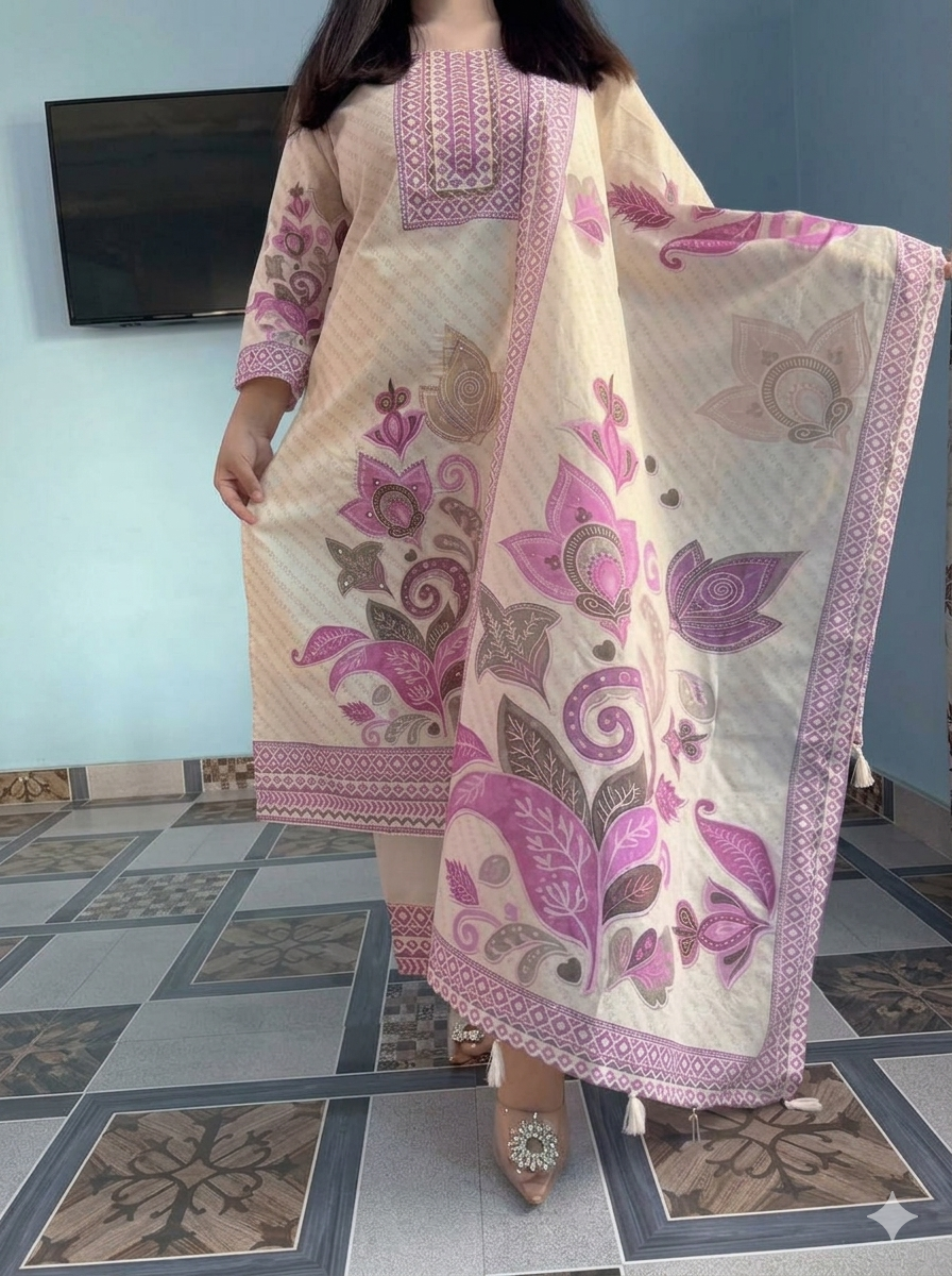 Traditional Hand-Block Print Ethnic Suit Set - Off-White & Pink