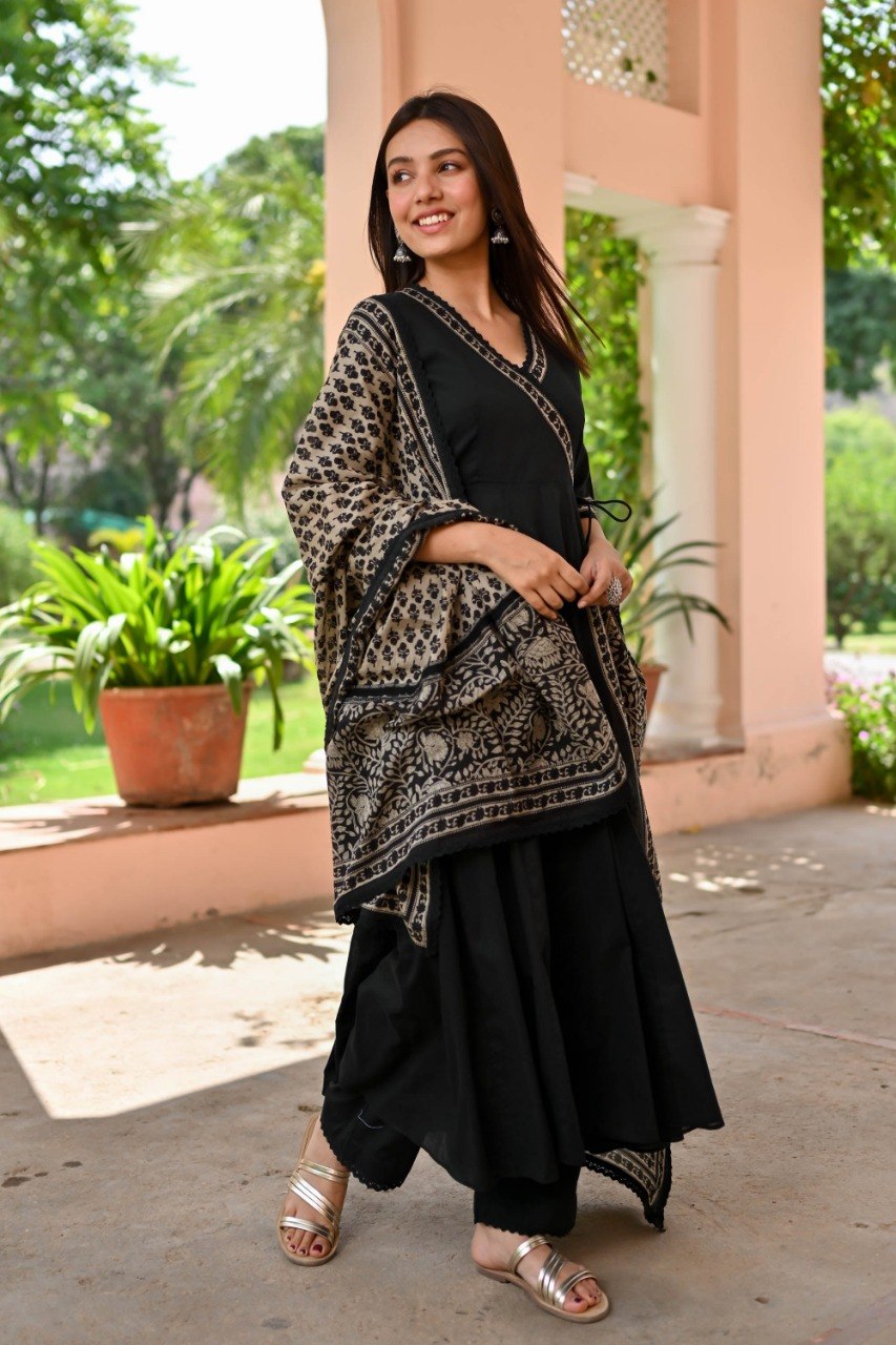 Elegant Black Angrakha Kurta Set with Block Print Dupatta